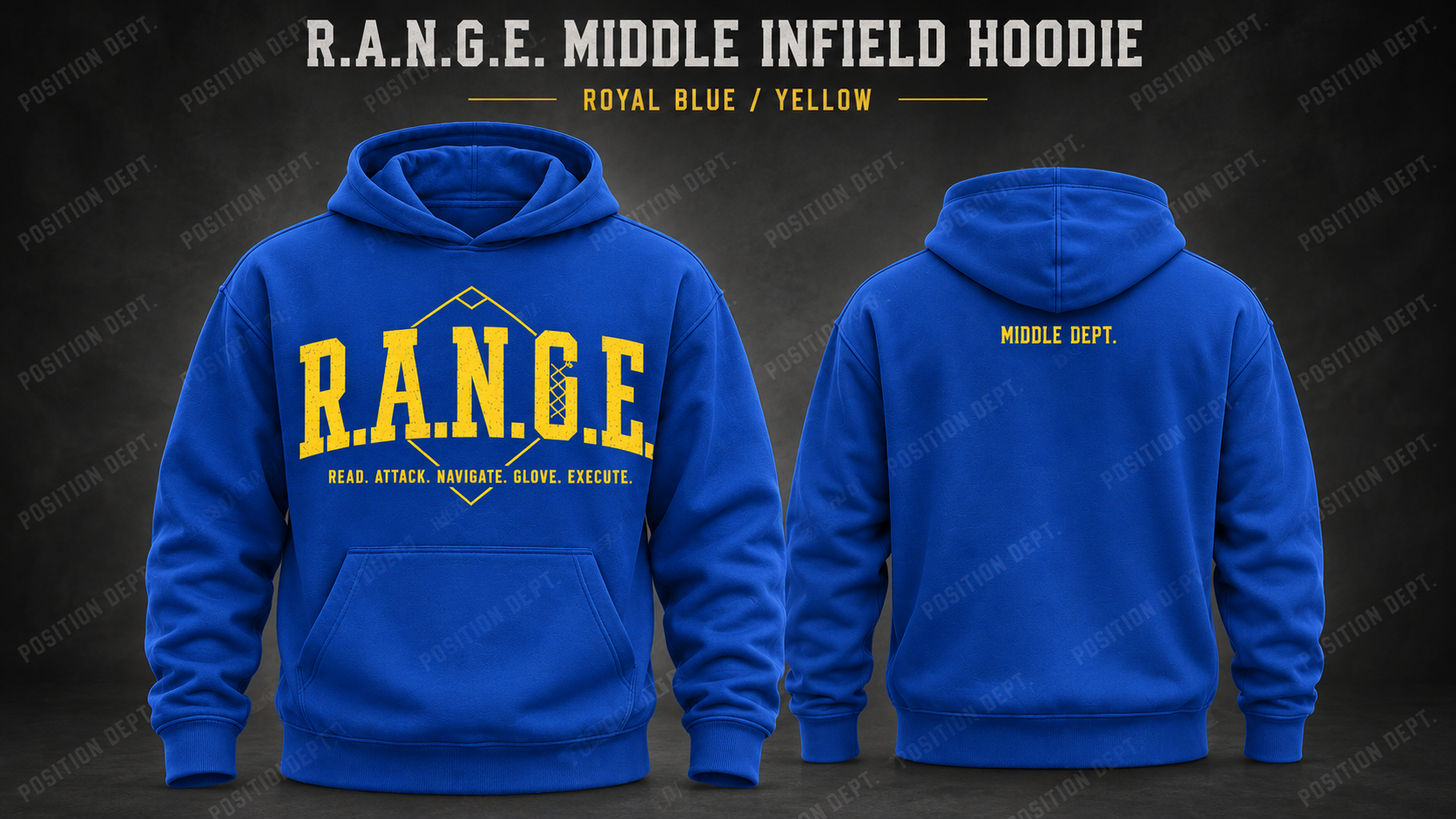 Position Dept. R.A.N.G.E. middle infield hoodie in Royal Blue / Yellow, front and back views, baseball and softball leisure wear.