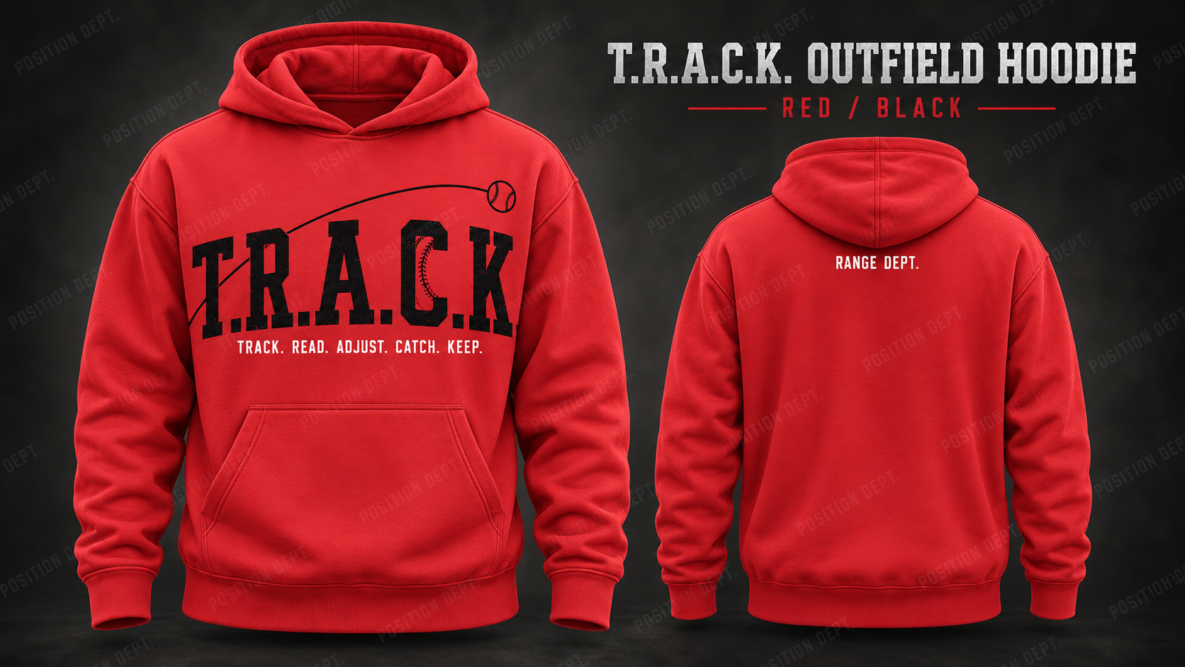 Position Dept. T.R.A.C.K. outfield hoodie in Red / Black, front and back views, baseball and softball leisure wear.