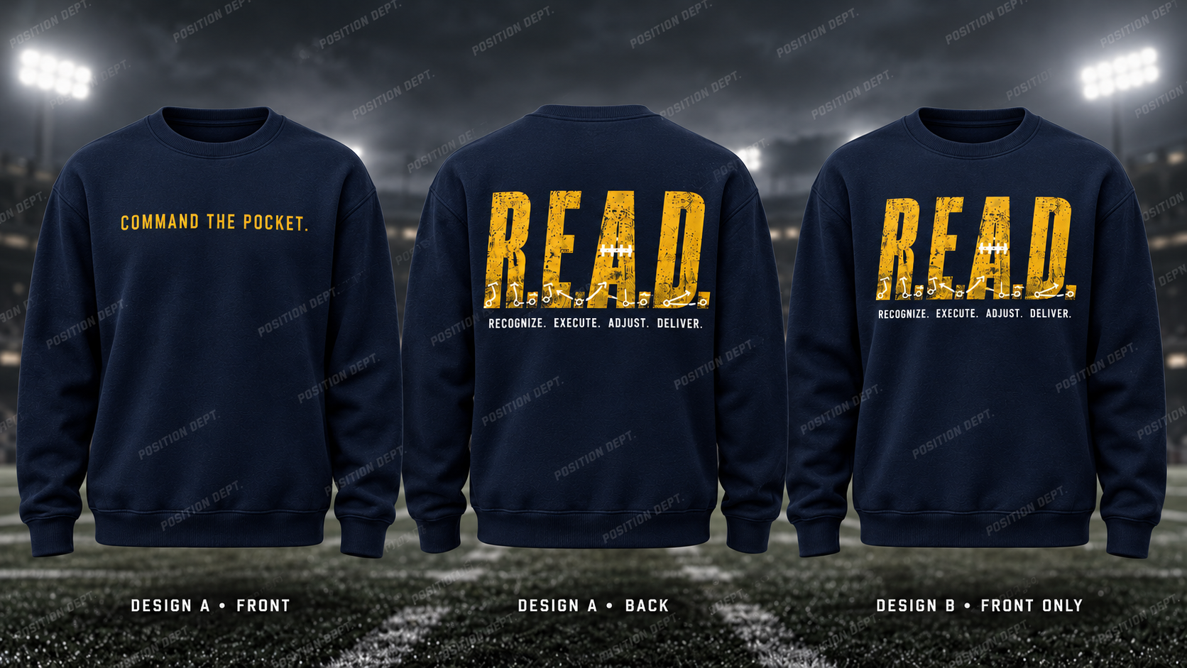 Position Dept. R.E.A.D. football crewneck in Navy / Gold / Yellow. Design A slogan front and graphic back; Design B graphic front only with blank back.