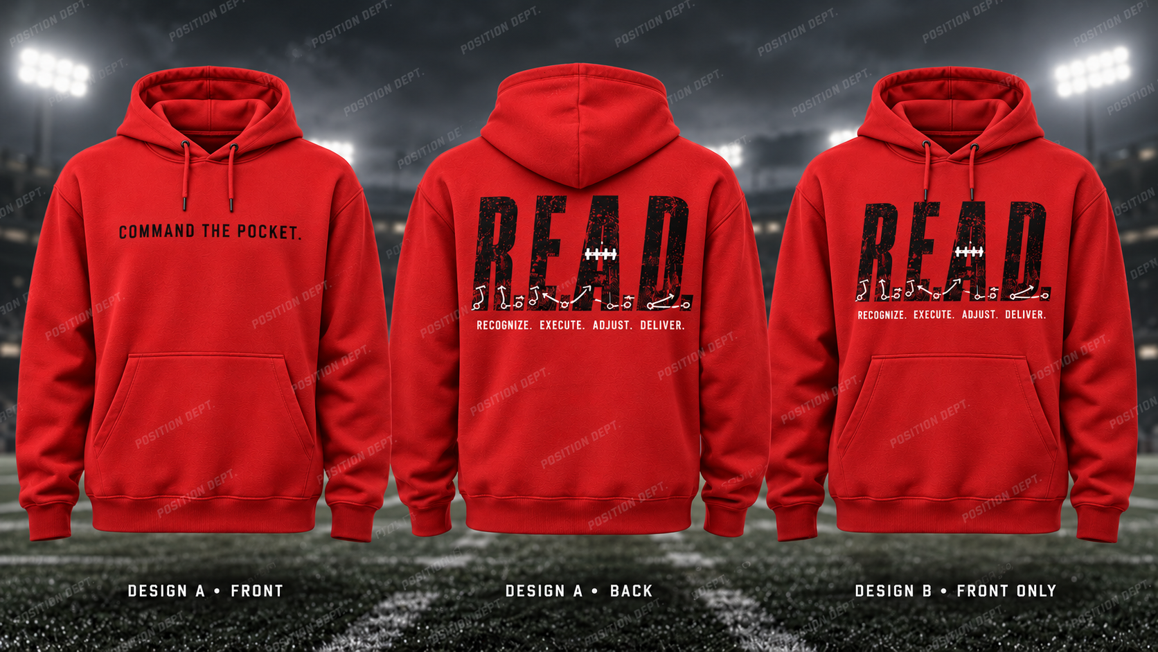 R.E.A.D. football hoodie in Red / Black, showing Design A slogan front and letter back, plus Design B front-only artwork.