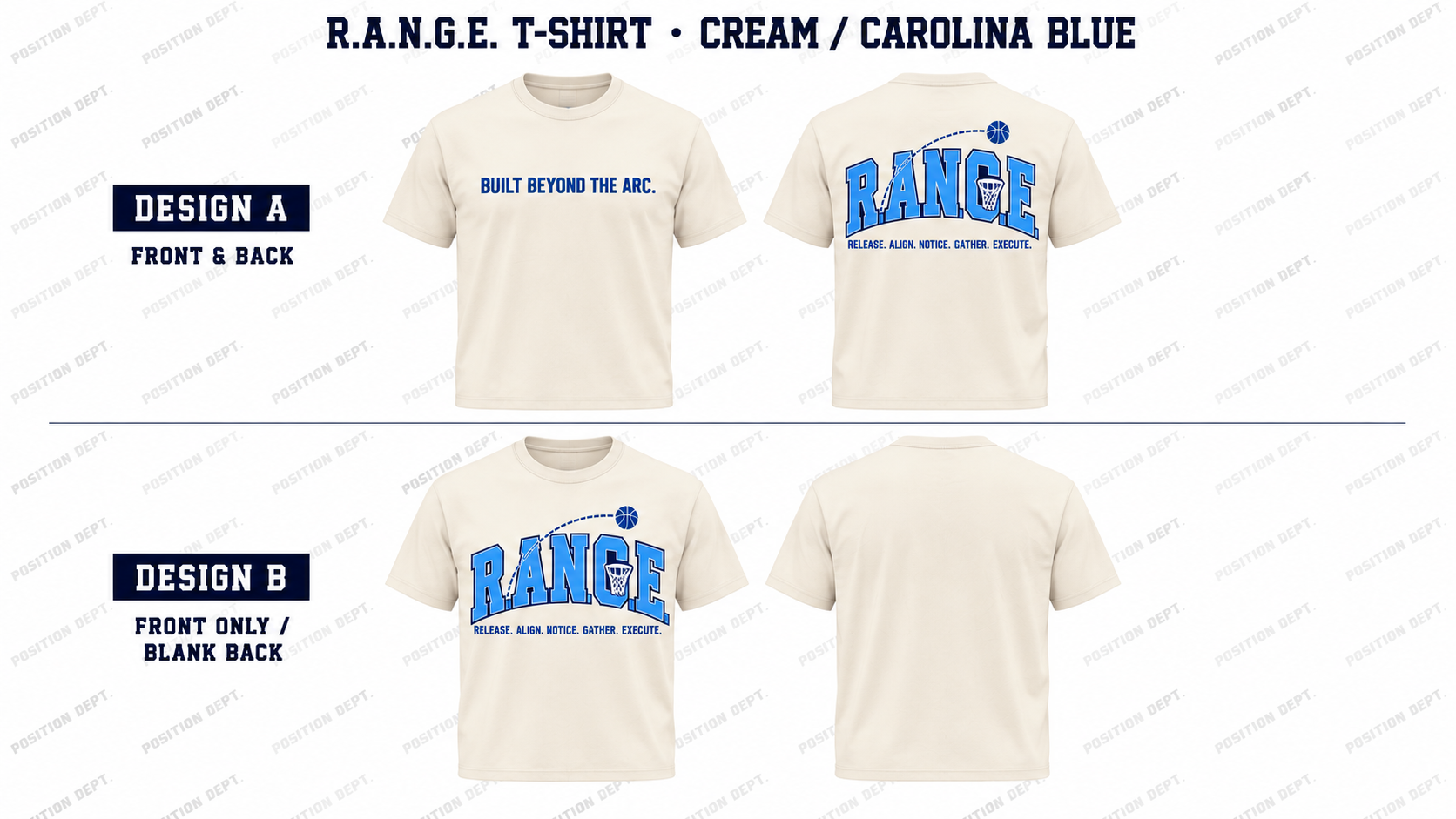 Position Dept. R.A.N.G.E. basketball T-shirt in Cream / Carolina Blue, Design A front and back and Design B front-only with blank back.
