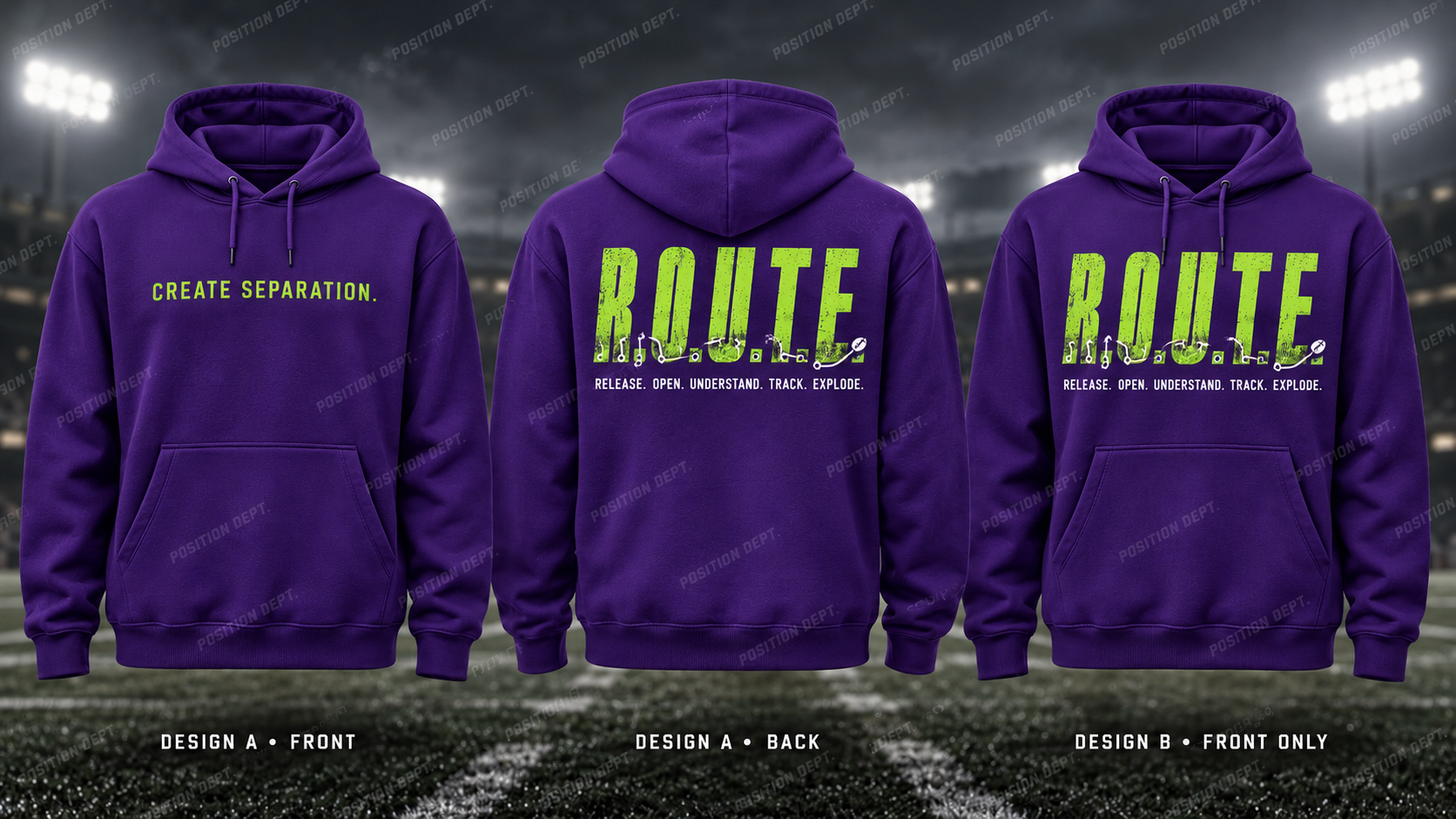 R.O.U.T.E. football hoodie in Purple / Lime Green, showing Design A slogan front and letter back, plus Design B front-only artwork.