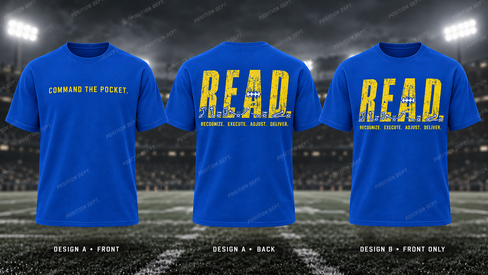 Position Dept. R.E.A.D. football T-shirt in Royal Blue / Yellow. Design A slogan front and graphic back; Design B graphic front only with blank back.