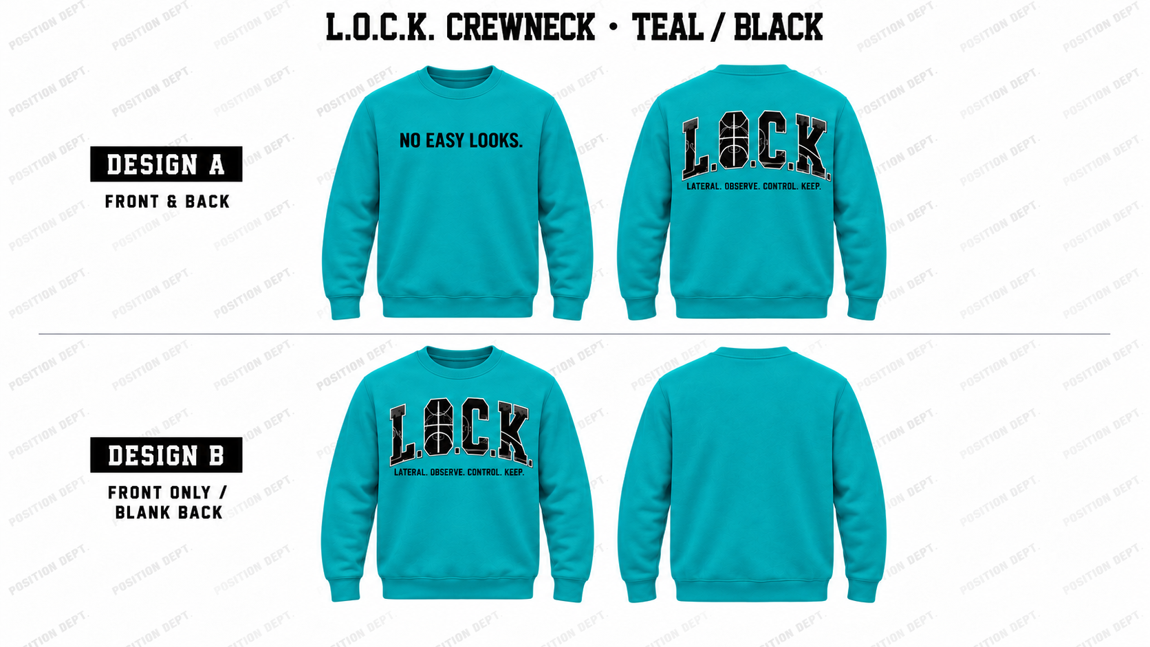 Position Dept. L.O.C.K. basketball crewneck in Teal / Black, Design A front and back and Design B front-only with blank back.