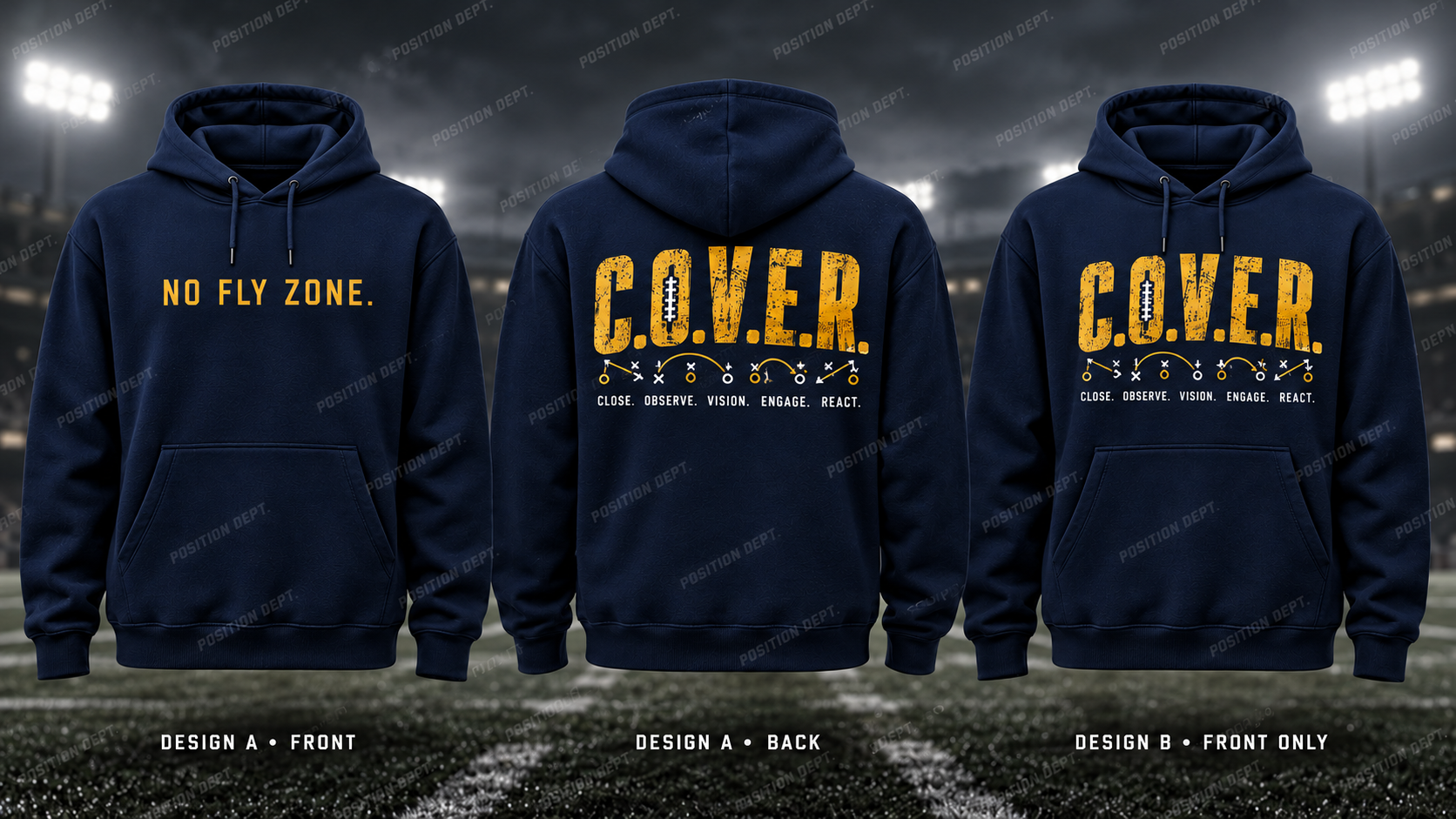 C.O.V.E.R. football hoodie in Navy / Gold / Yellow, showing Design A slogan front and letter back, plus Design B front-only artwork.