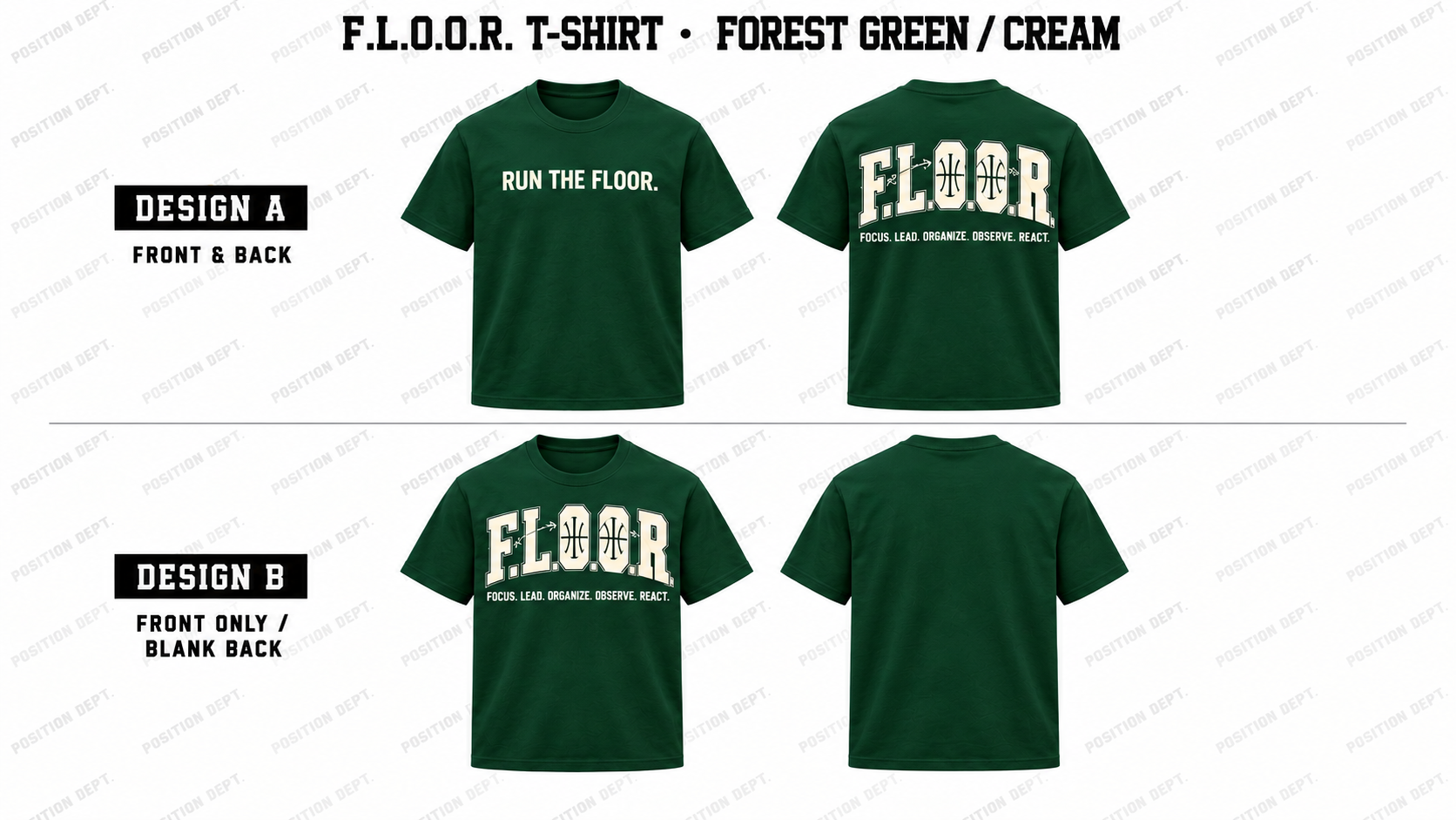 Position Dept. F.L.O.O.R. basketball T-shirt in Forest Green / Cream, Design A front and back and Design B front-only with blank back.
