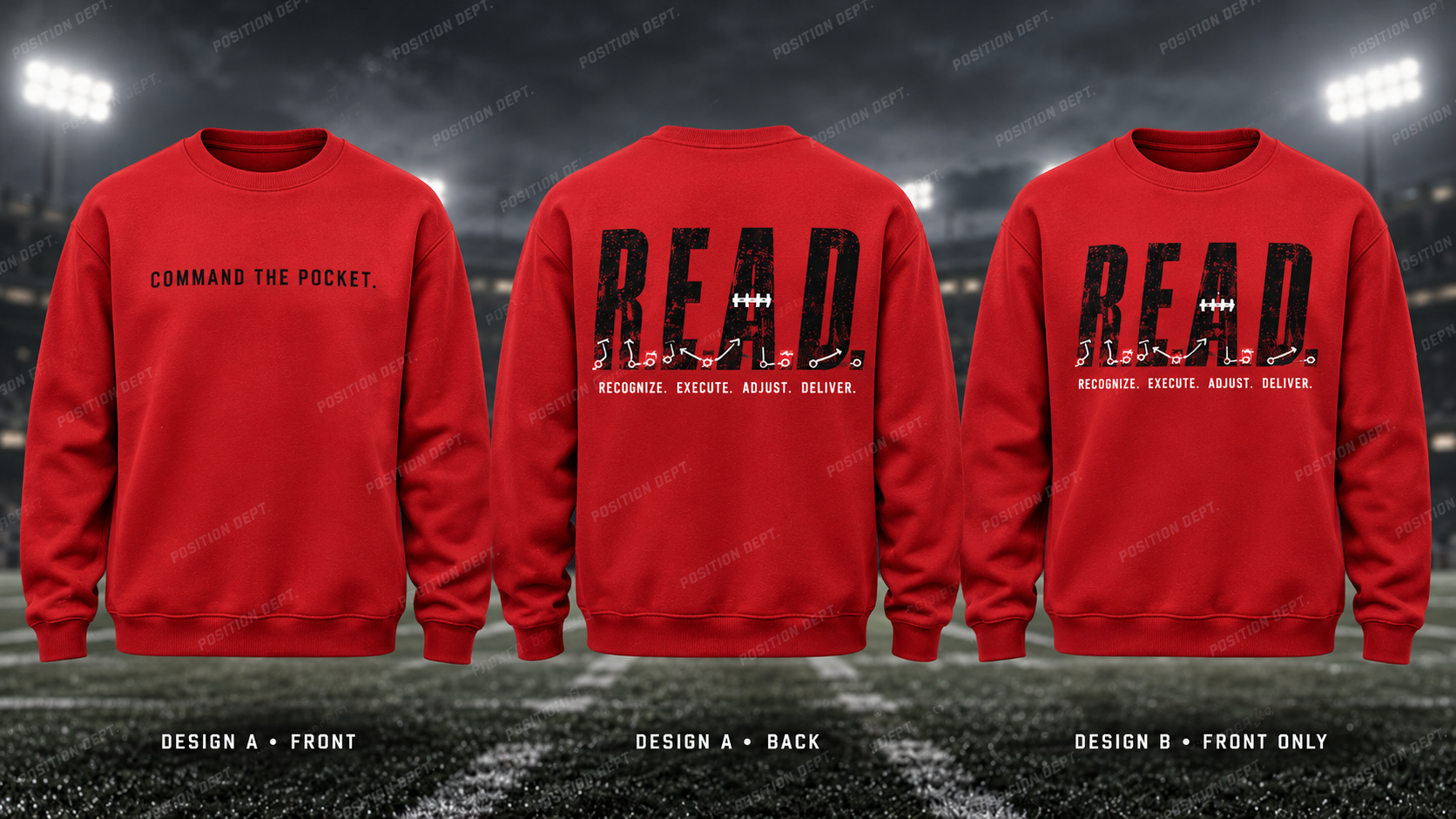Position Dept. R.E.A.D. football crewneck in Red / Black. Design A slogan front and graphic back; Design B graphic front only with blank back.