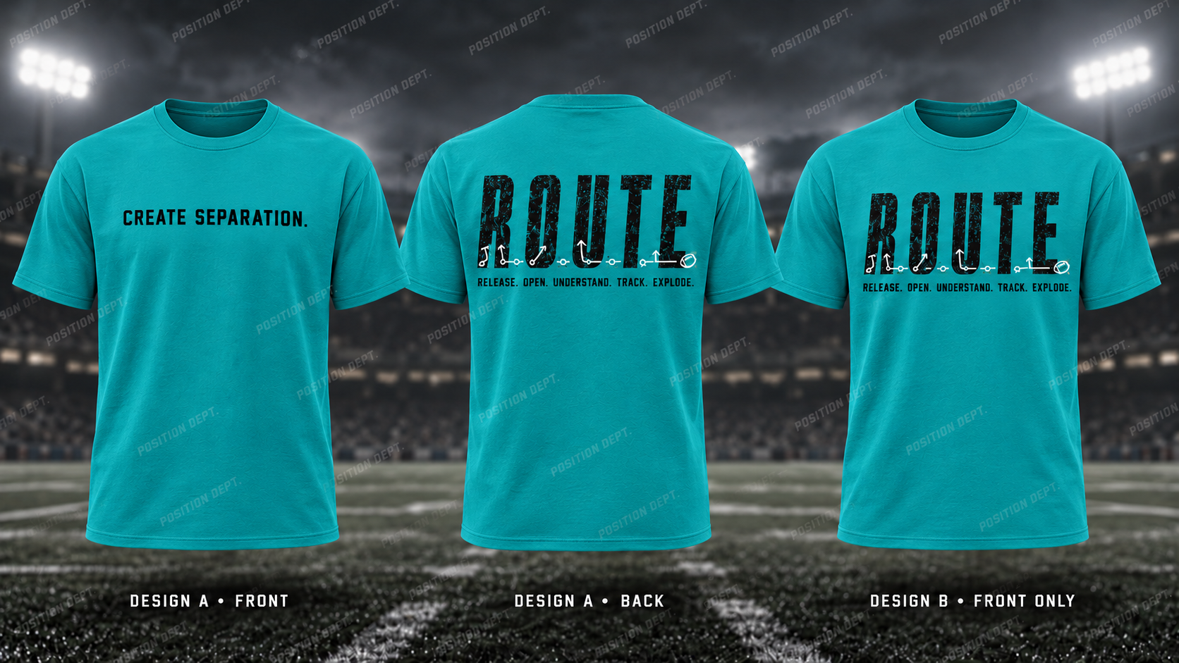 R.O.U.T.E. football T-shirt in Teal / Black. Design A slogan front and graphic back; Design B graphic front, blank back. Position Dept.