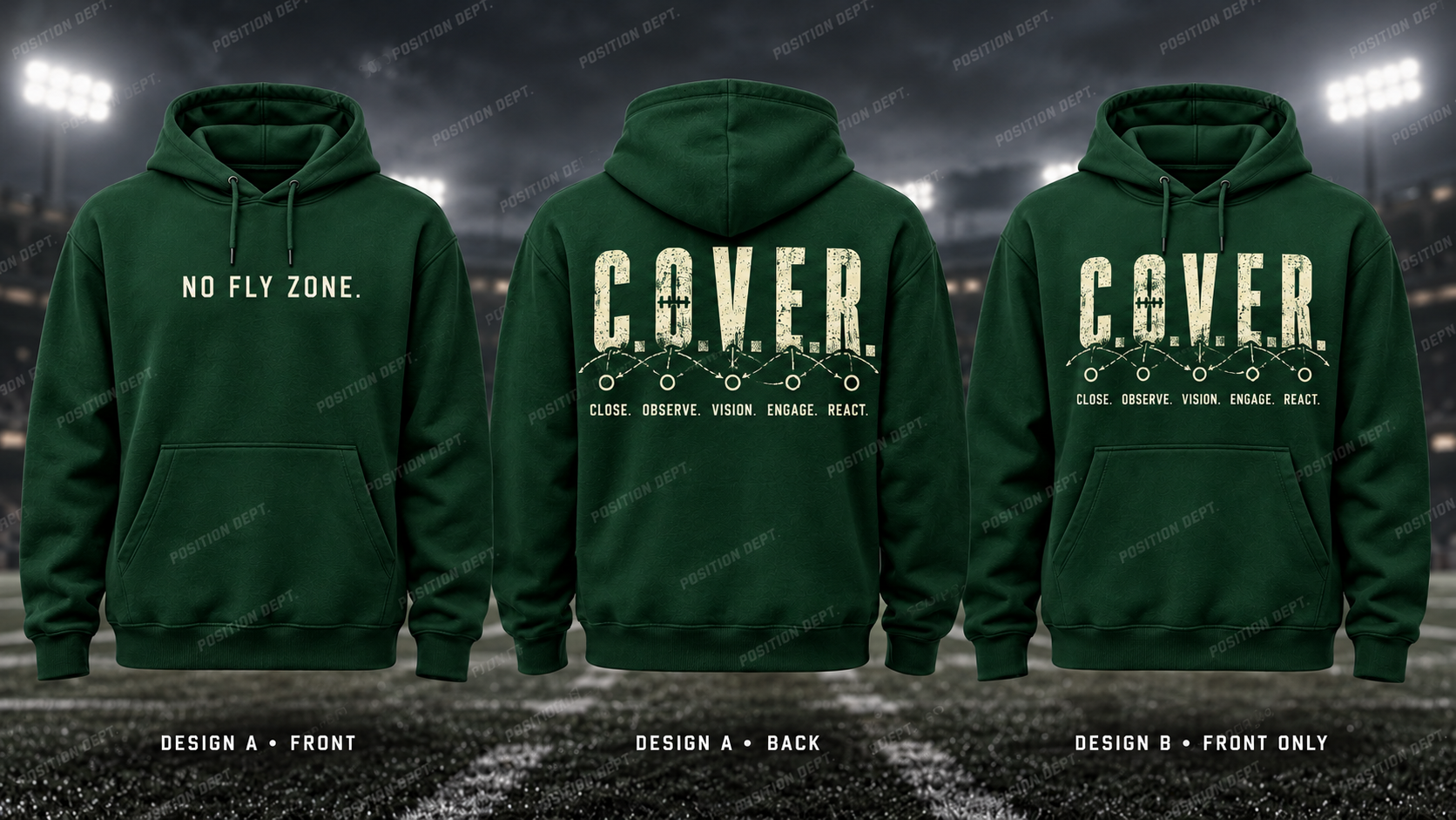 C.O.V.E.R. football hoodie in Forest Green / Cream, showing Design A slogan front and letter back, plus Design B front-only artwork.