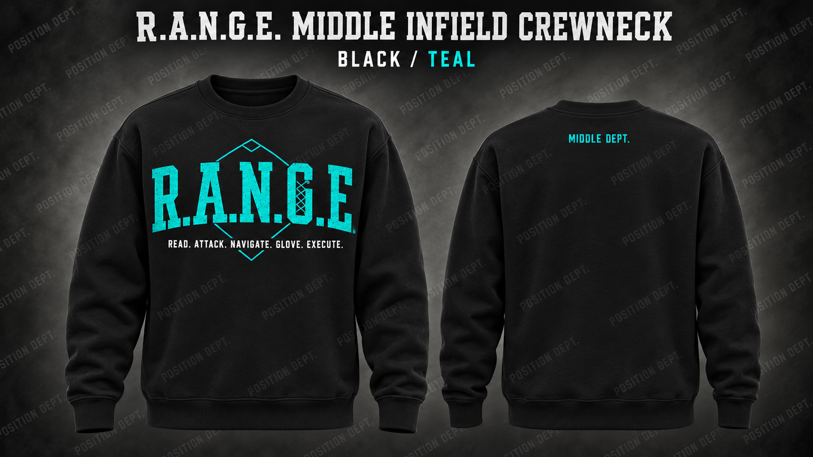 Position Dept. R.A.N.G.E. middle infield crewneck in Black / Teal, front and back views, baseball and softball leisure wear.