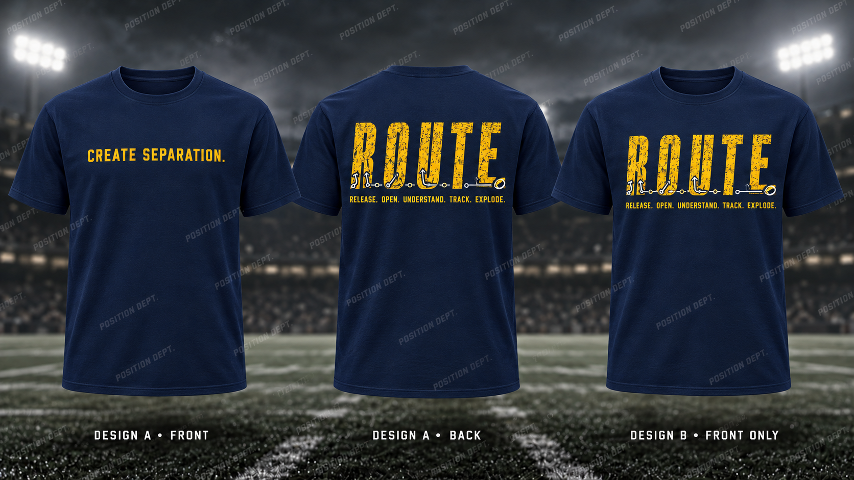 R.O.U.T.E. football T-shirt in Navy / Gold / Yellow. Design A slogan front and graphic back; Design B graphic front, blank back. Position Dept.