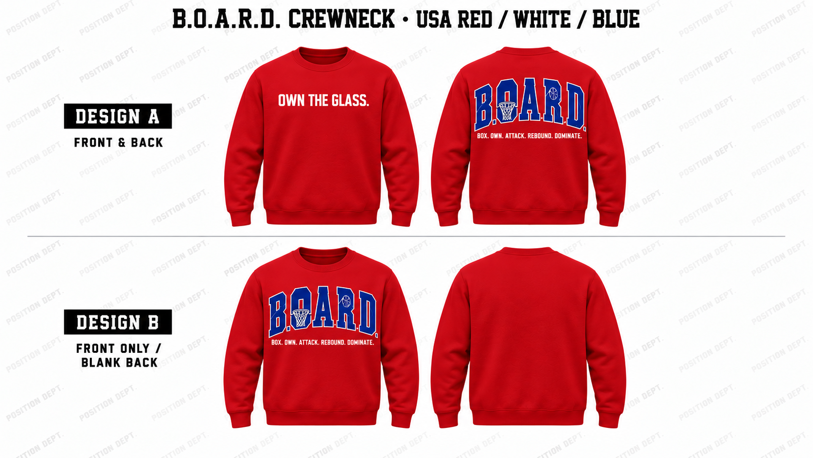 Position Dept. B.O.A.R.D. basketball crewneck in USA Red / White / Blue, Design A front and back and Design B front-only with blank back.