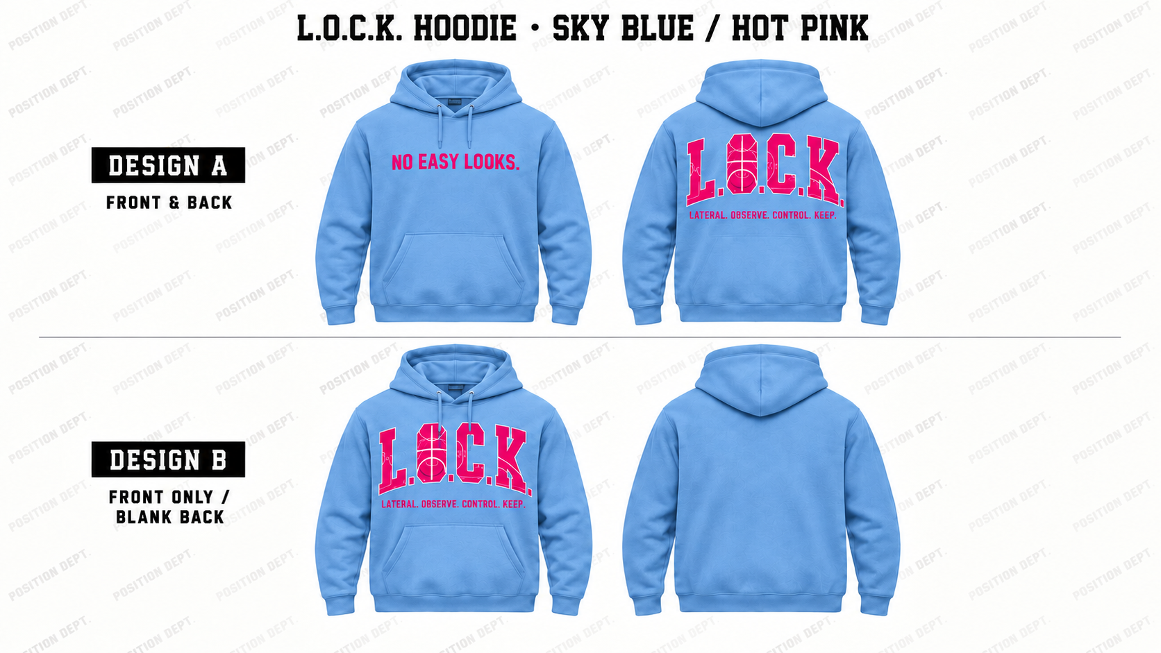 Position Dept. L.O.C.K. basketball hoodie in Sky Blue / Hot Pink, showing Front & Back and Front Only designs with basketball court lettering.