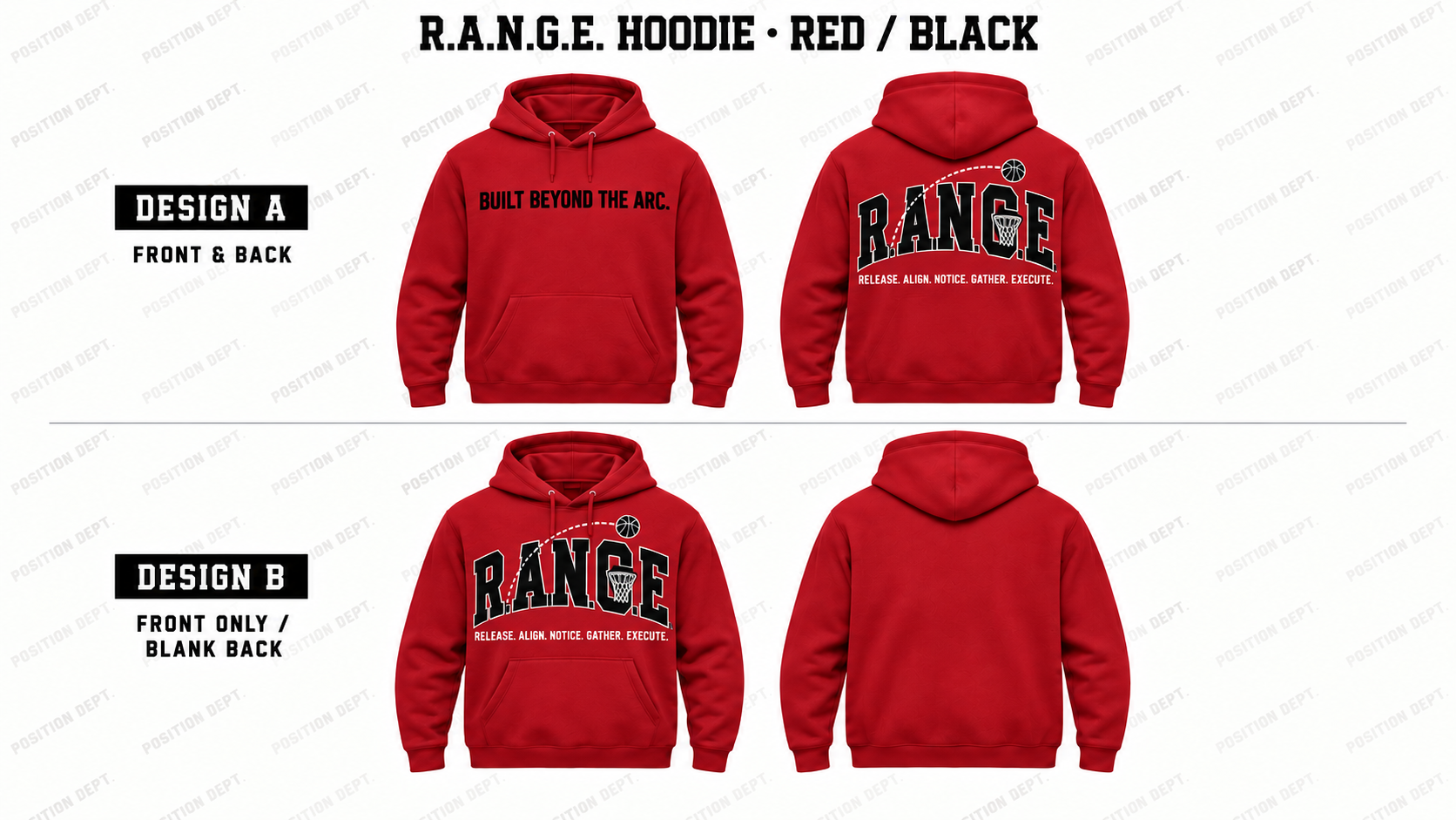 Position Dept. R.A.N.G.E. basketball hoodie in Red / Black, showing Front & Back and Front Only designs with basketball arc and net details.