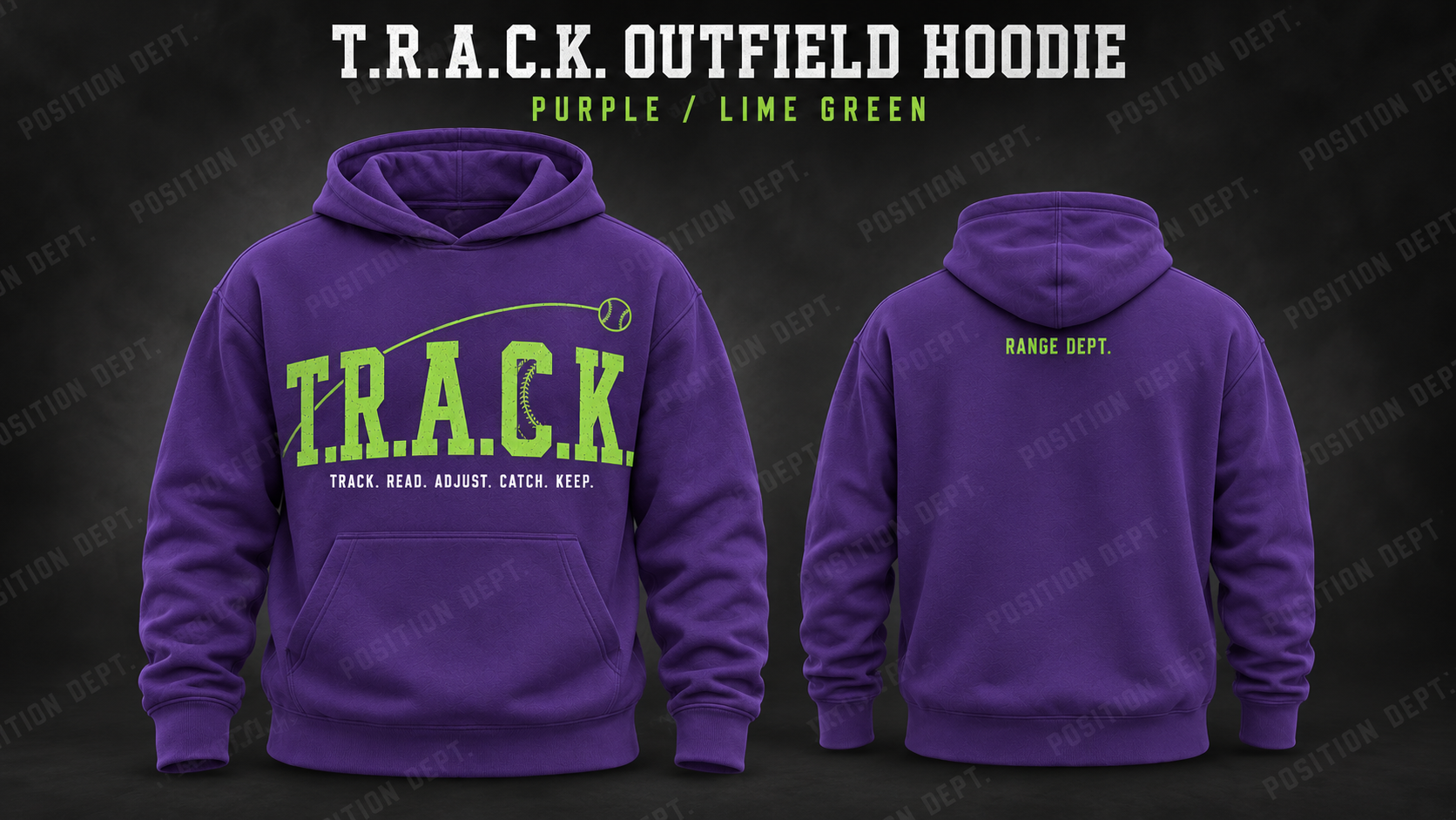 Position Dept. T.R.A.C.K. outfield hoodie in Purple / Lime Green, front and back views, baseball and softball leisure wear.