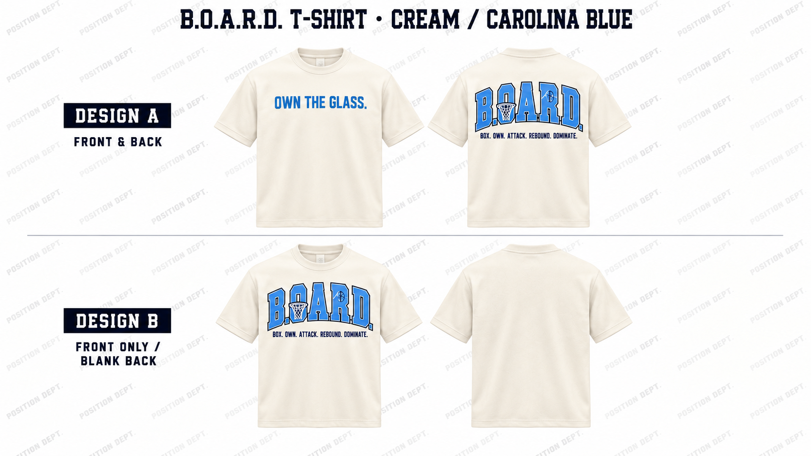 Position Dept. B.O.A.R.D. basketball T-shirt in Cream / Carolina Blue, Design A front and back and Design B front-only with blank back.