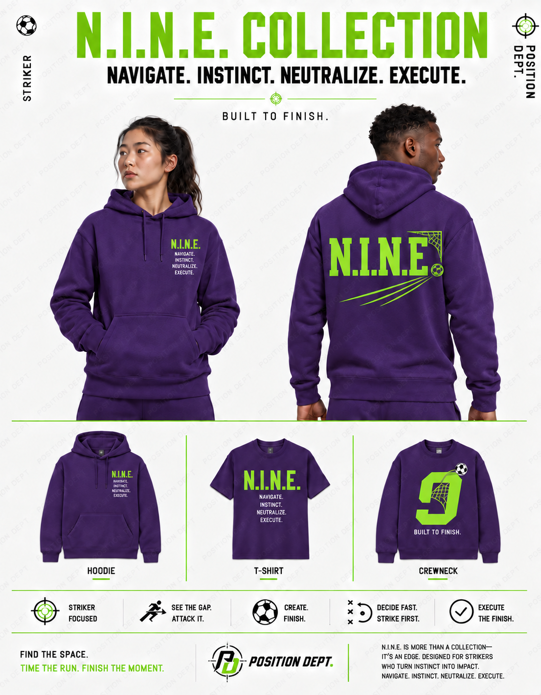 N.I.N.E. striker collection in purple and lime green: hoodie front and back, T-shirt, and number-9 crewneck.