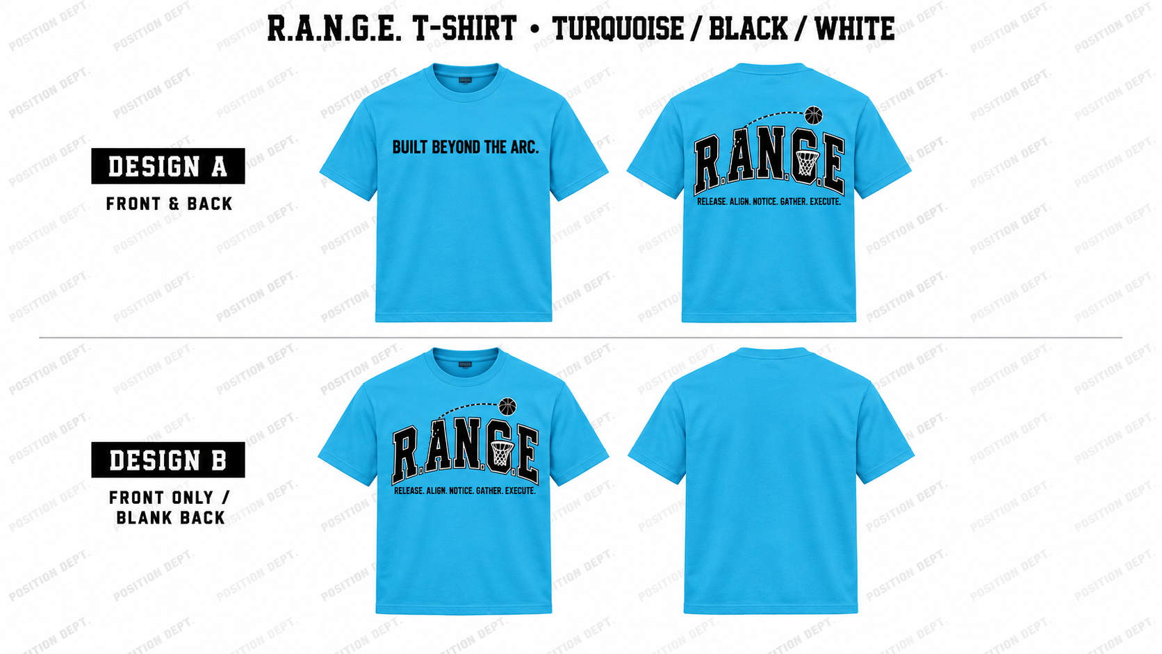 Position Dept. R.A.N.G.E. basketball T-shirt in Turquoise / Black / White, Design A front and back and Design B front-only with blank back.