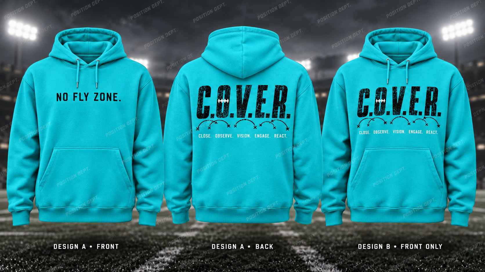 C.O.V.E.R. football hoodie in Turquoise / Black / White, showing Design A slogan front and letter back, plus Design B front-only artwork.
