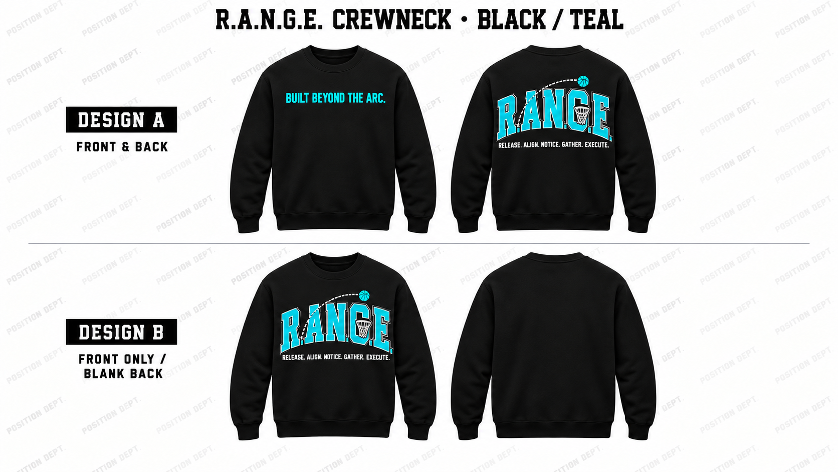 Position Dept. R.A.N.G.E. basketball crewneck in Black / Teal, Design A front and back and Design B front-only with blank back.