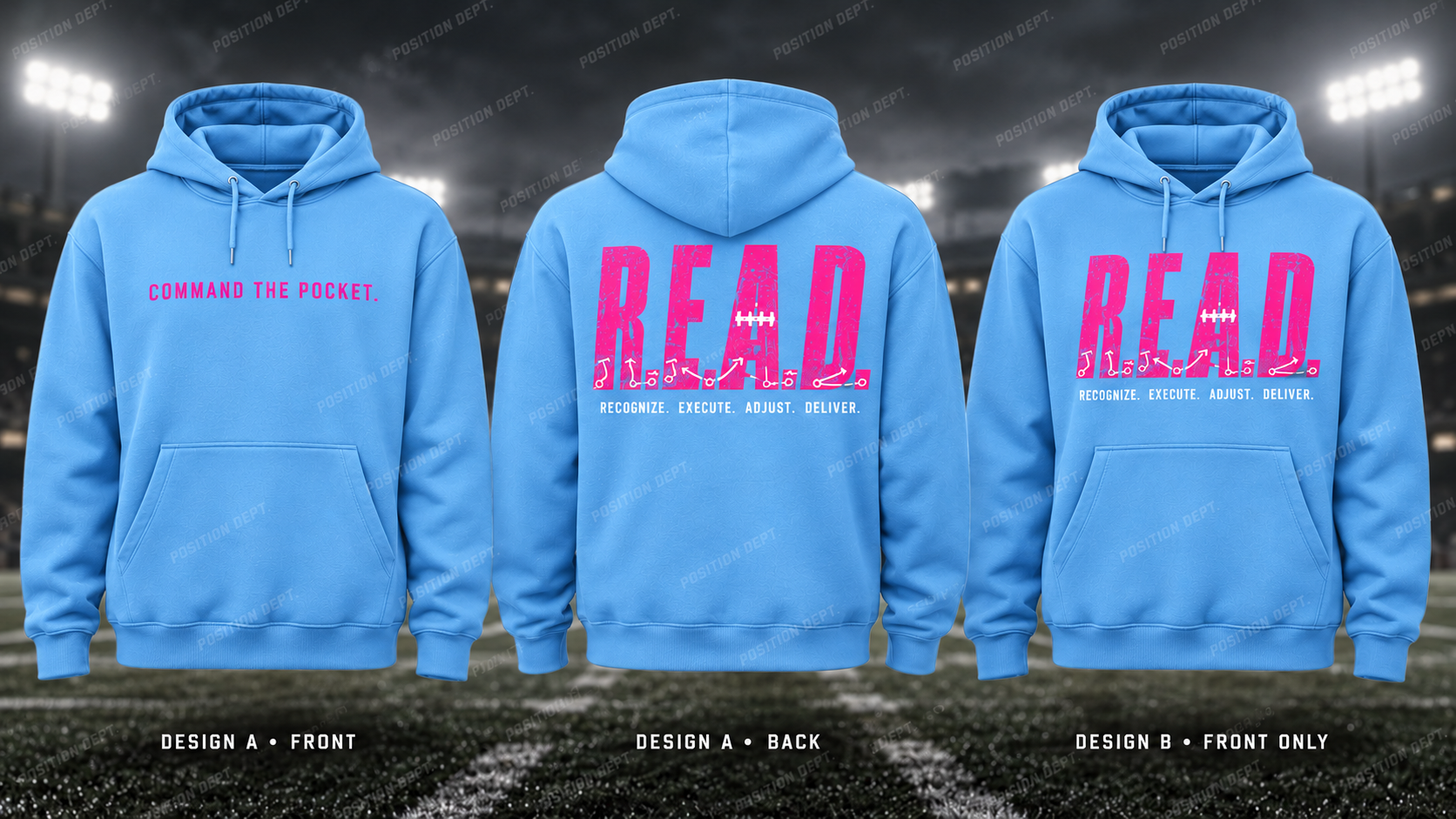 R.E.A.D. football hoodie in Sky Blue / Hot Pink, showing Design A slogan front and letter back, plus Design B front-only artwork.
