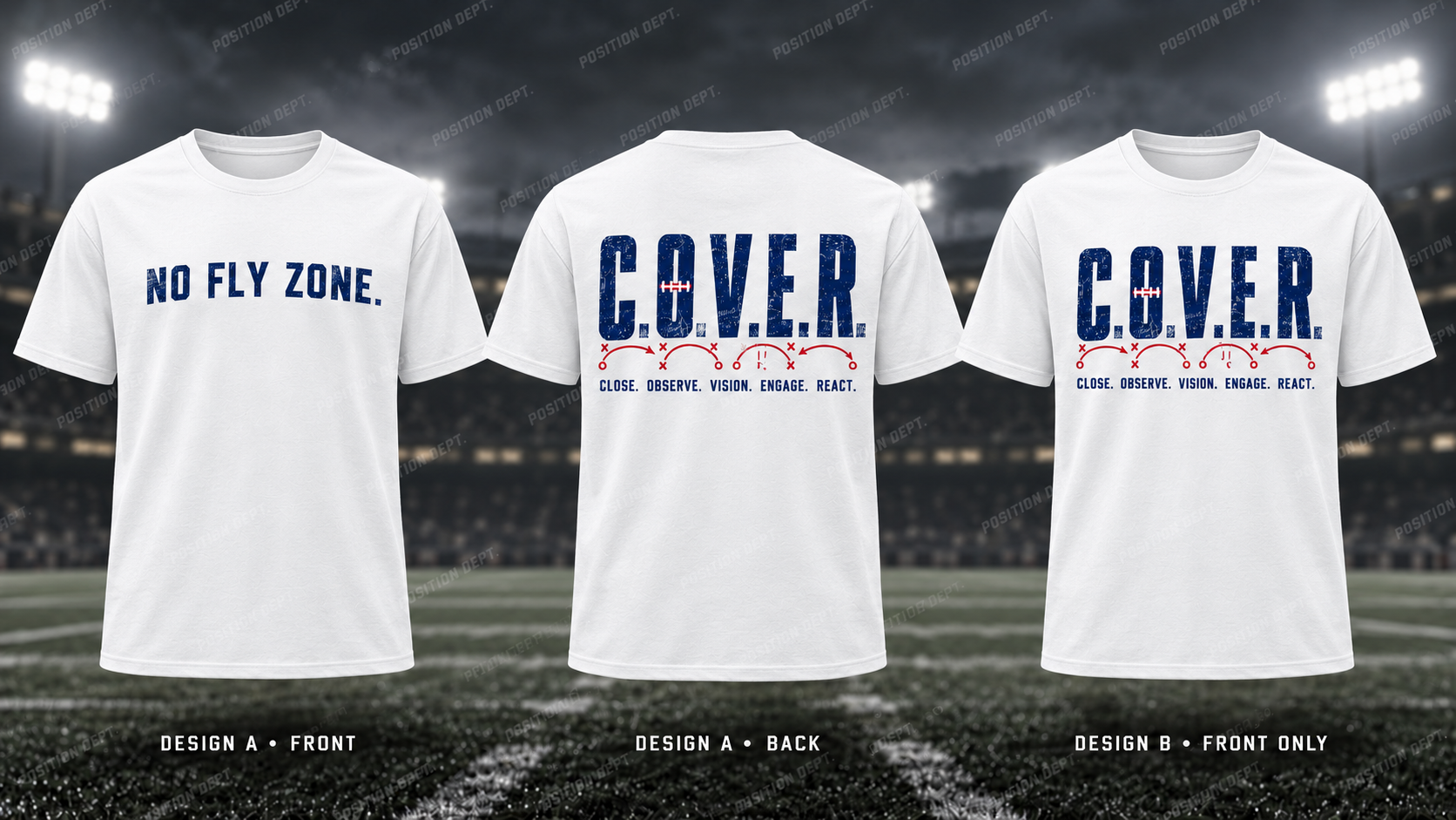 C.O.V.E.R. football T-shirt in USA Red / White / Blue. Design A slogan front and graphic back; Design B graphic front, blank back. Position Dept.