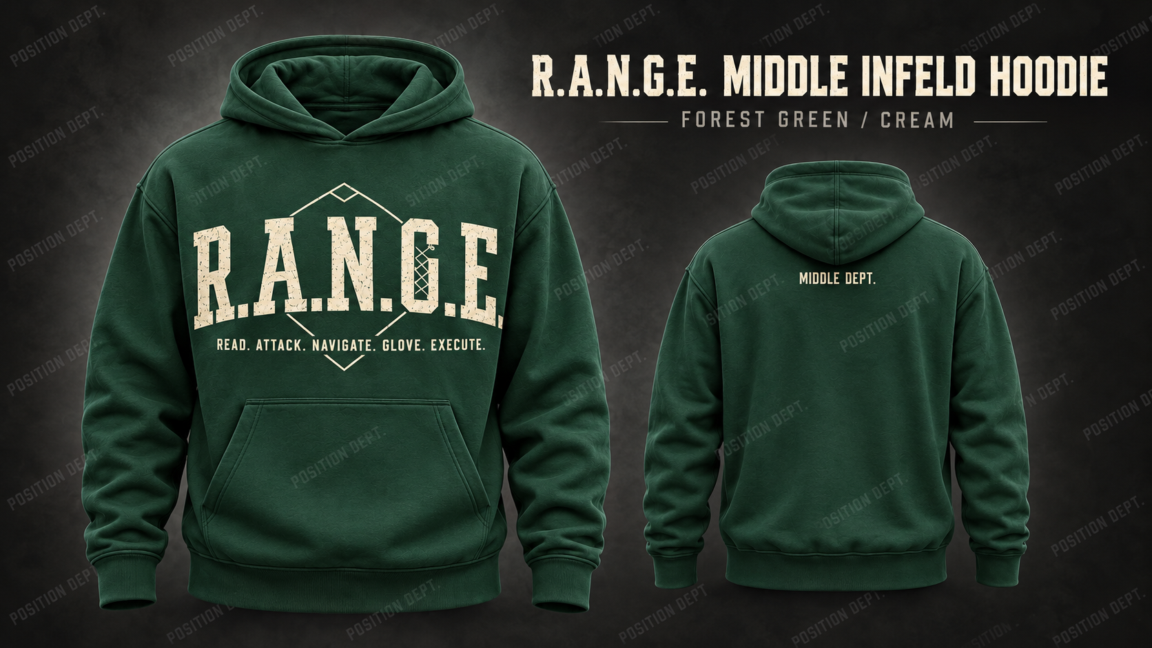 Position Dept. R.A.N.G.E. middle infield hoodie in Forest Green / Cream, front and back views, baseball and softball leisure wear.