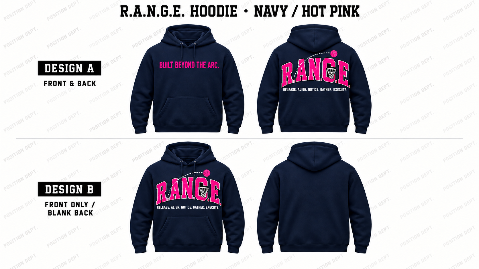 Position Dept. R.A.N.G.E. basketball hoodie in Navy / Hot Pink, showing Front & Back and Front Only designs with basketball arc and net details.