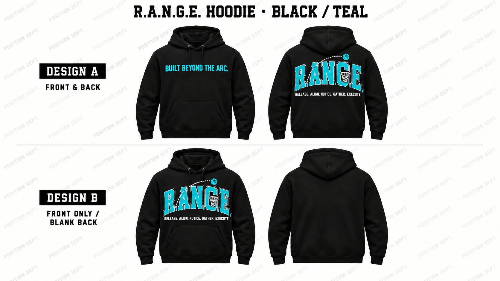 Position Dept. R.A.N.G.E. basketball hoodie in Black / Teal, showing Front & Back and Front Only designs with basketball arc and net details.