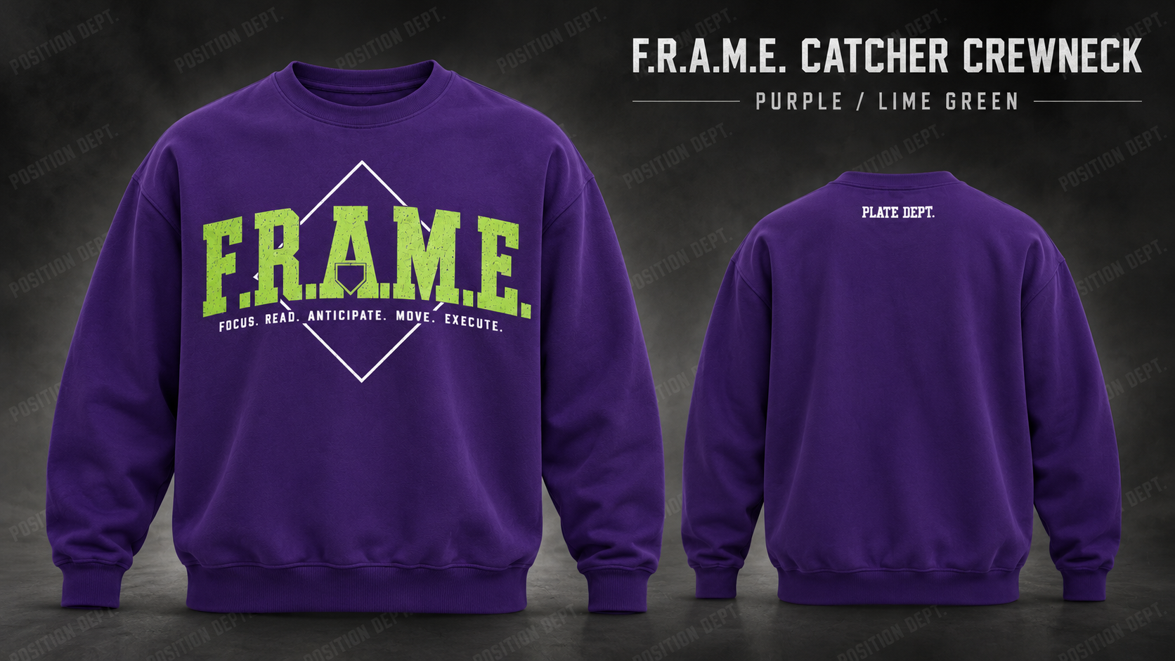 Position Dept. F.R.A.M.E. catcher crewneck in Purple / Lime Green, front and back views, baseball and softball leisure wear.