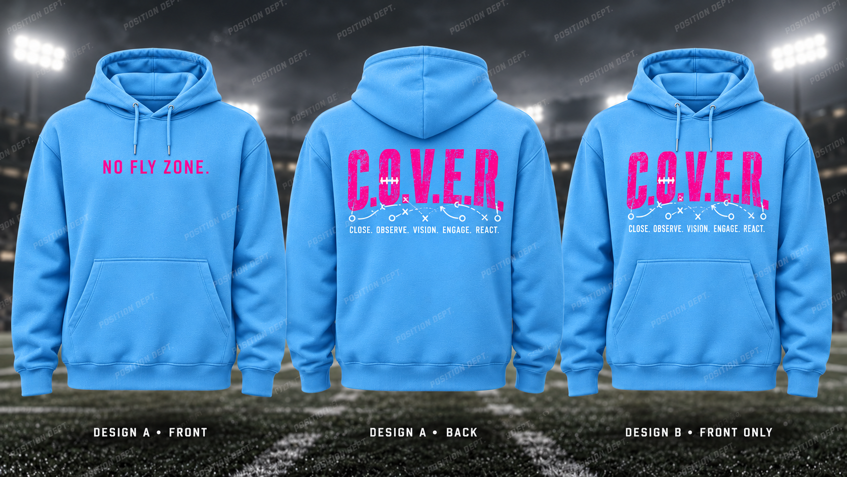 C.O.V.E.R. football hoodie in Sky Blue / Hot Pink, showing Design A slogan front and letter back, plus Design B front-only artwork.