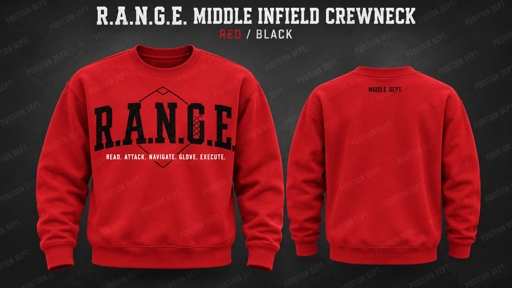 Position Dept. R.A.N.G.E. middle infield crewneck in Red / Black, front and back views, baseball and softball leisure wear.