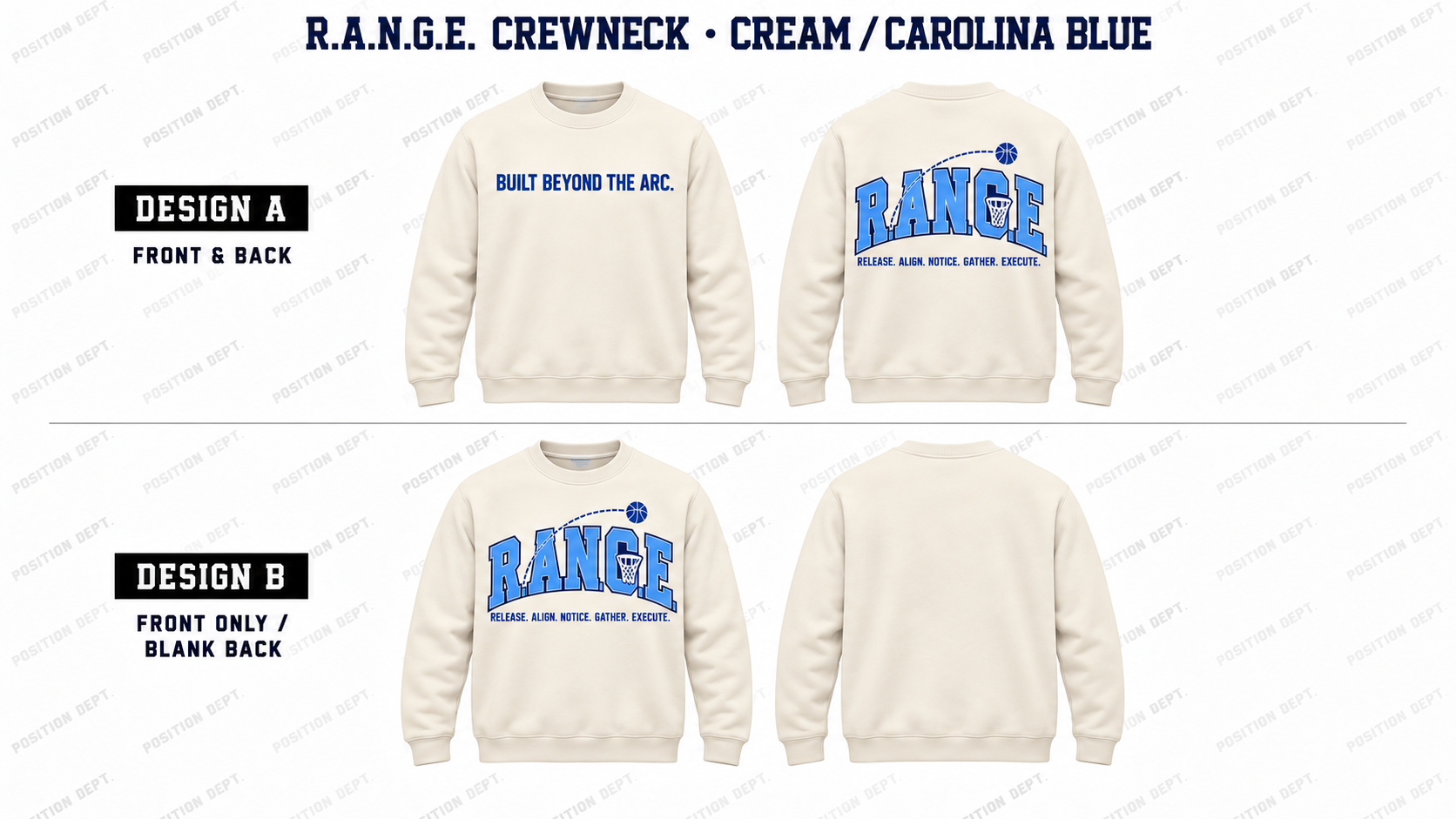 Position Dept. R.A.N.G.E. basketball crewneck in Cream / Carolina Blue, Design A front and back and Design B front-only with blank back.