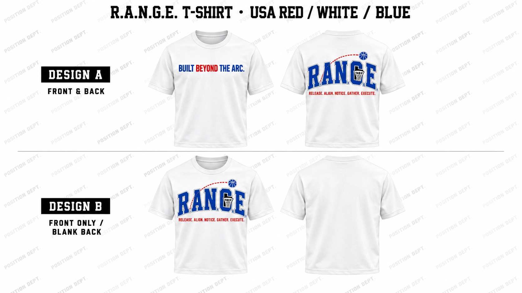 Position Dept. R.A.N.G.E. basketball T-shirt in USA Red / White / Blue, Design A front and back and Design B front-only with blank back.