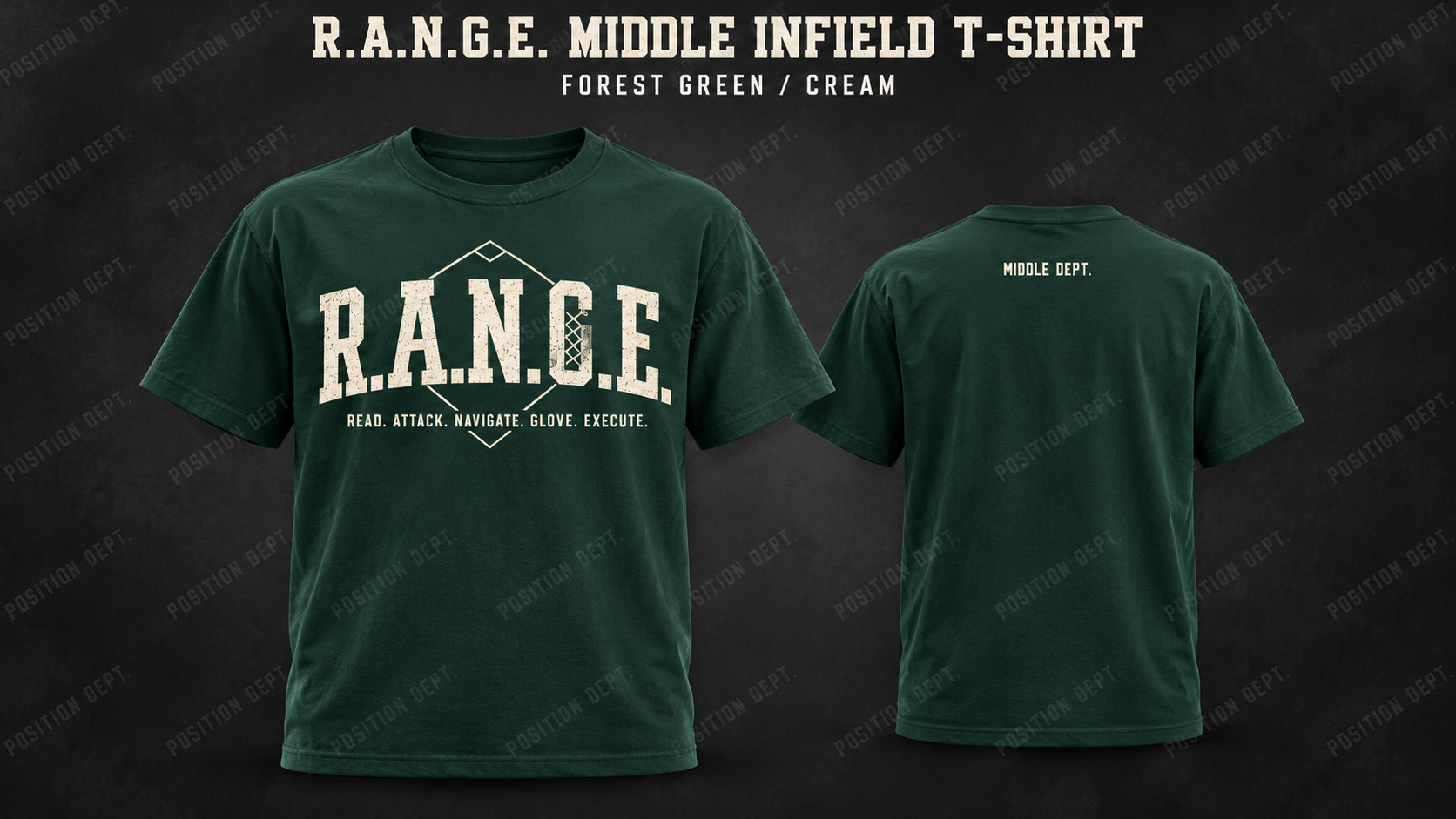 Position Dept. R.A.N.G.E. middle infield T-shirt in Forest Green / Cream, front and back views, baseball and softball leisure wear.