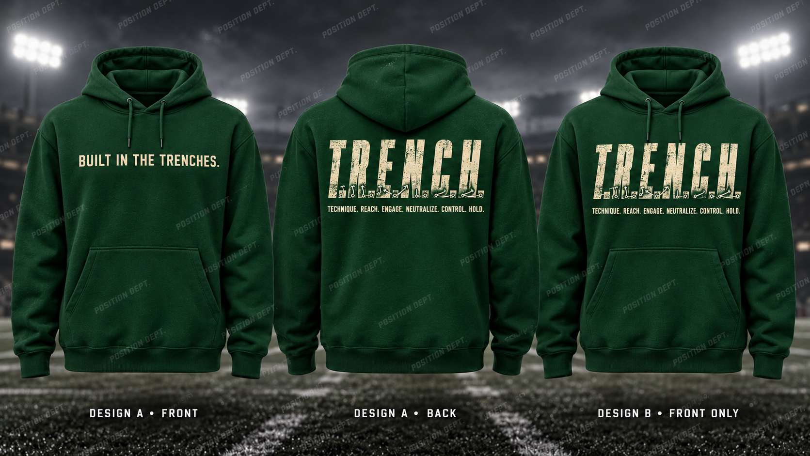 T.R.E.N.C.H. football hoodie in Forest Green / Cream, showing Design A slogan front and letter back, plus Design B front-only artwork.
