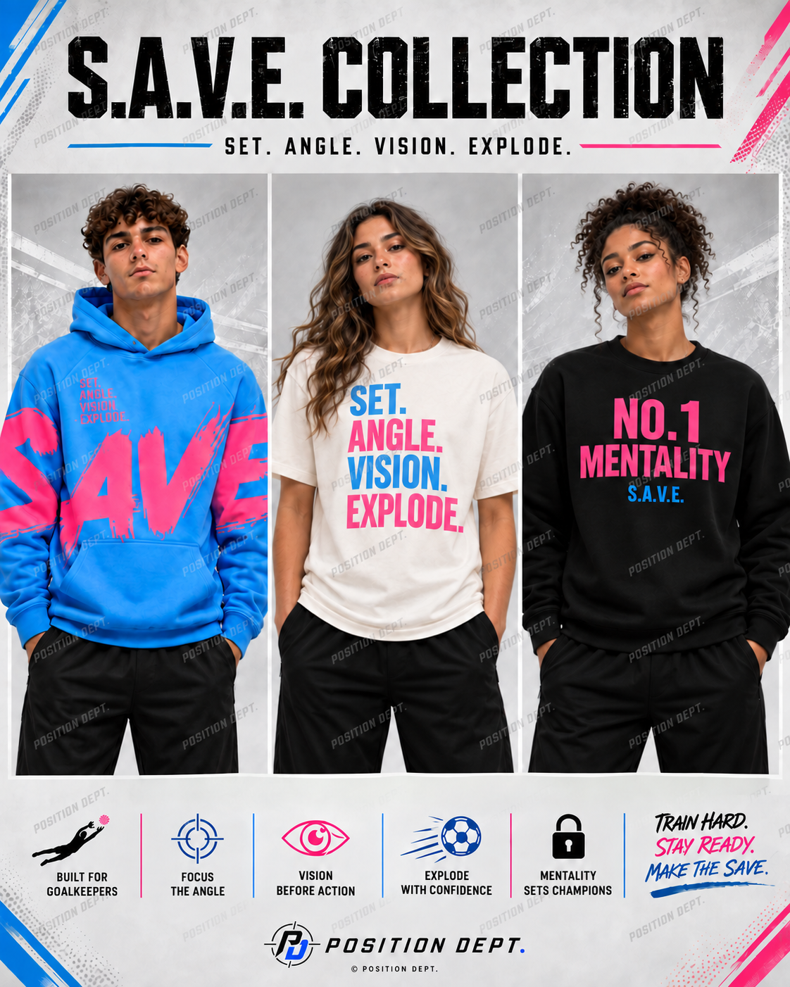 S.A.V.E. sky-blue and hot-pink apparel board with male hoodie model and women modeling T-shirt and crewneck; Position Dept. watermark.
