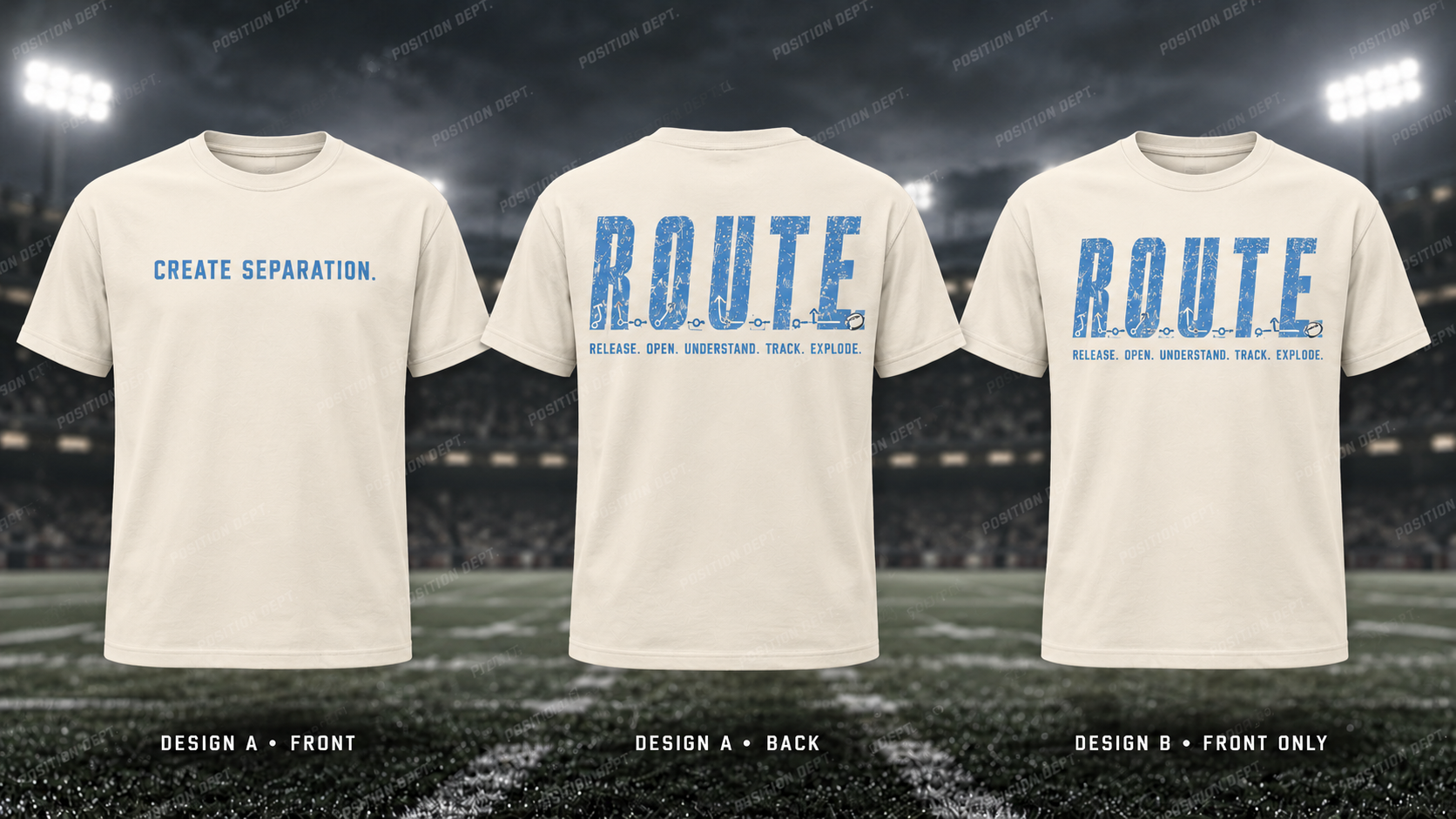 R.O.U.T.E. football T-shirt in Cream / Carolina Blue. Design A slogan front and graphic back; Design B graphic front, blank back. Position Dept.
