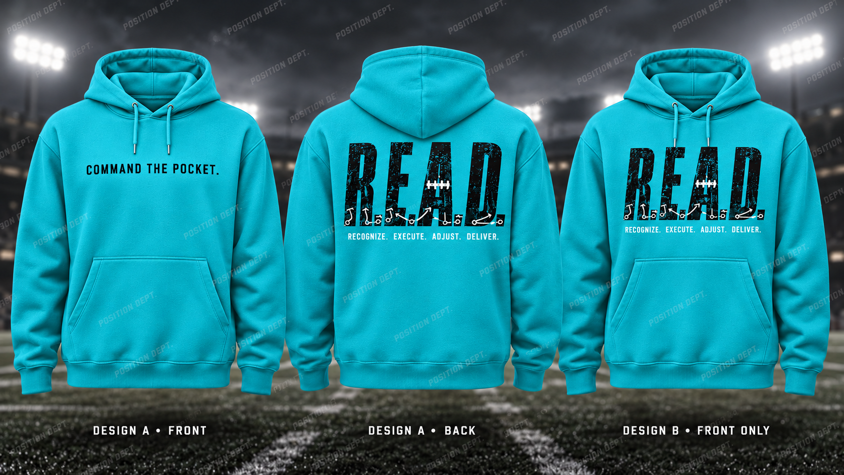 R.E.A.D. football hoodie in Turquoise / Black / White, showing Design A slogan front and letter back, plus Design B front-only artwork.