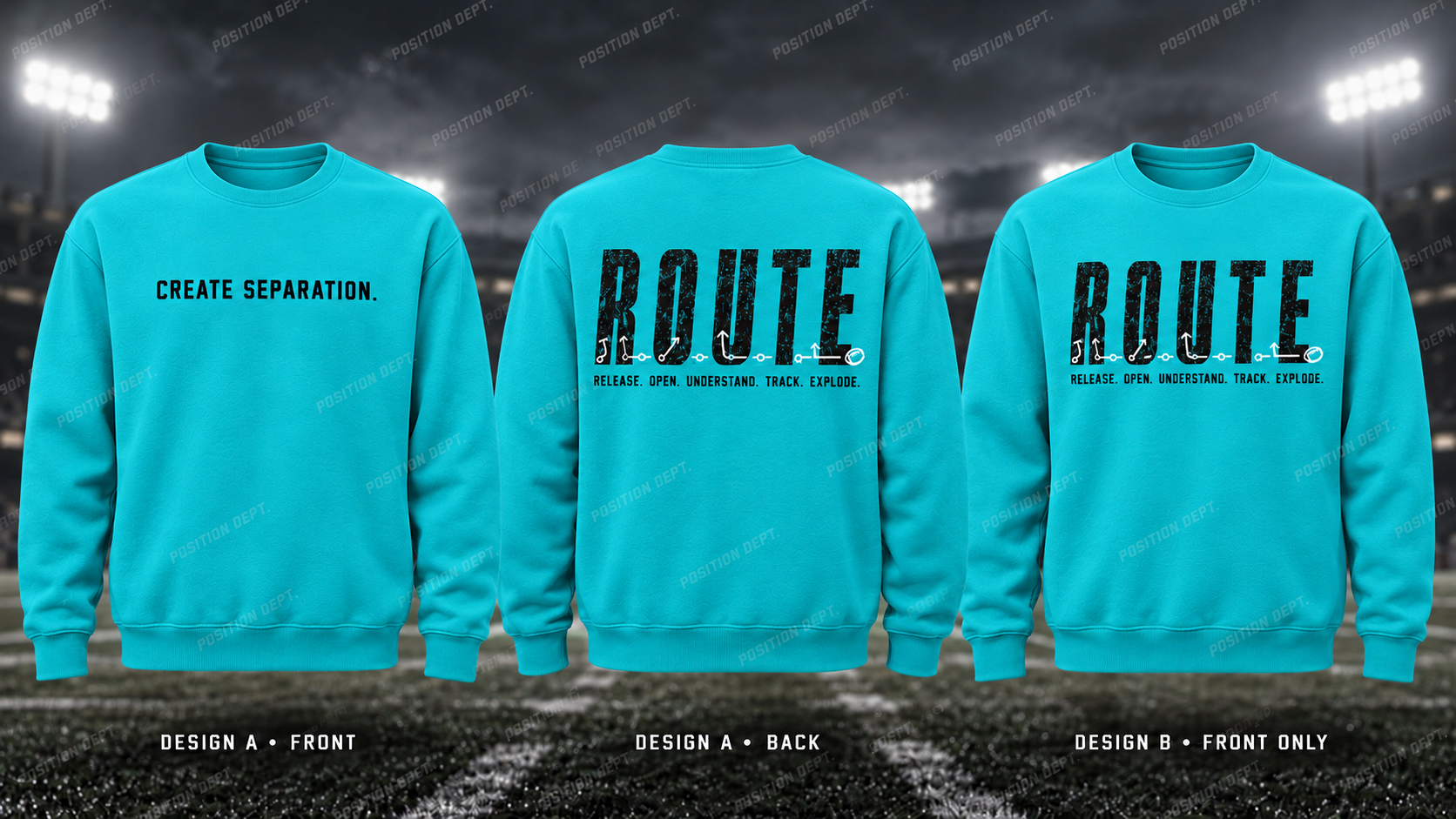 R.O.U.T.E. football crewneck in Turquoise / Black / White. Design A: slogan front, graphic back. Design B: graphic front, blank back. Position Dept.