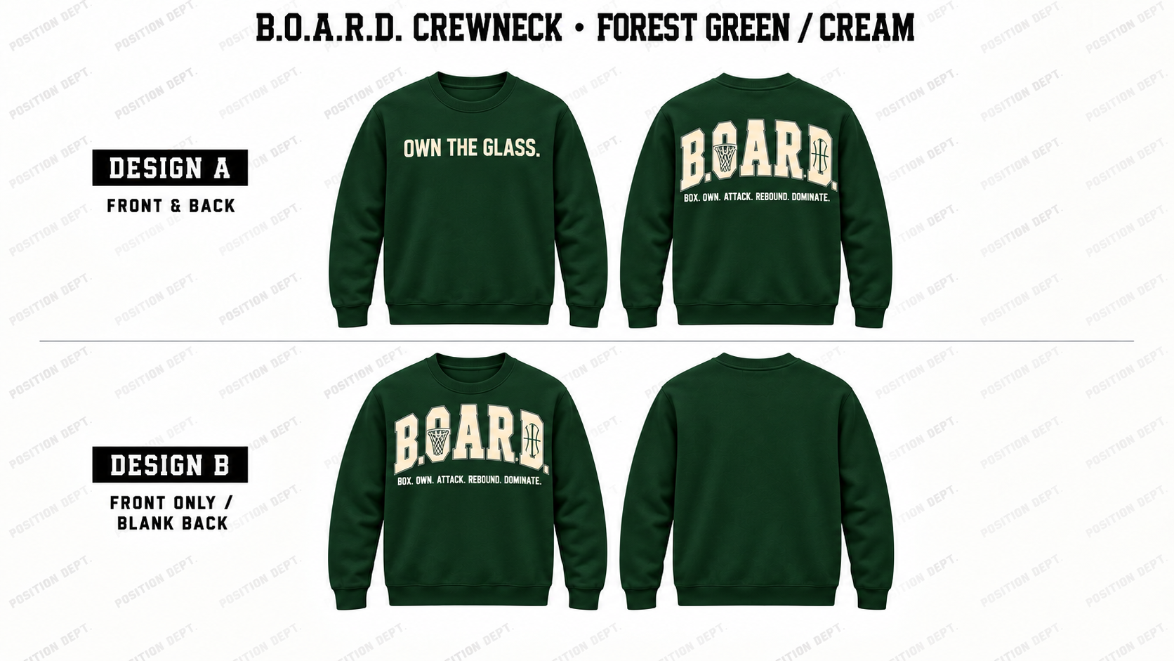 Position Dept. B.O.A.R.D. basketball crewneck in Forest Green / Cream, Design A front and back and Design B front-only with blank back.