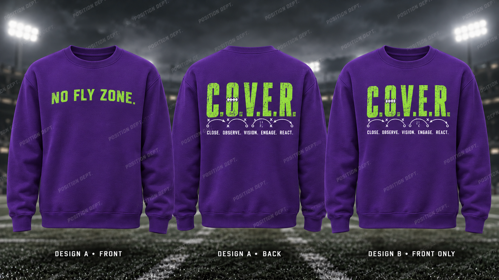 C.O.V.E.R. football crewneck in Purple / Lime Green. Design A slogan front and graphic back; Design B graphic front, blank back. Position Dept.