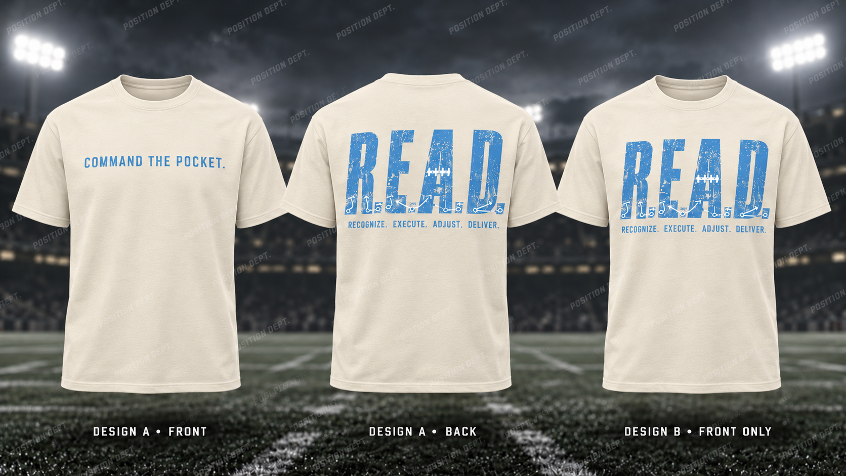 Position Dept. R.E.A.D. football T-shirt in Cream / Carolina Blue. Design A slogan front and graphic back; Design B graphic front only with blank back.