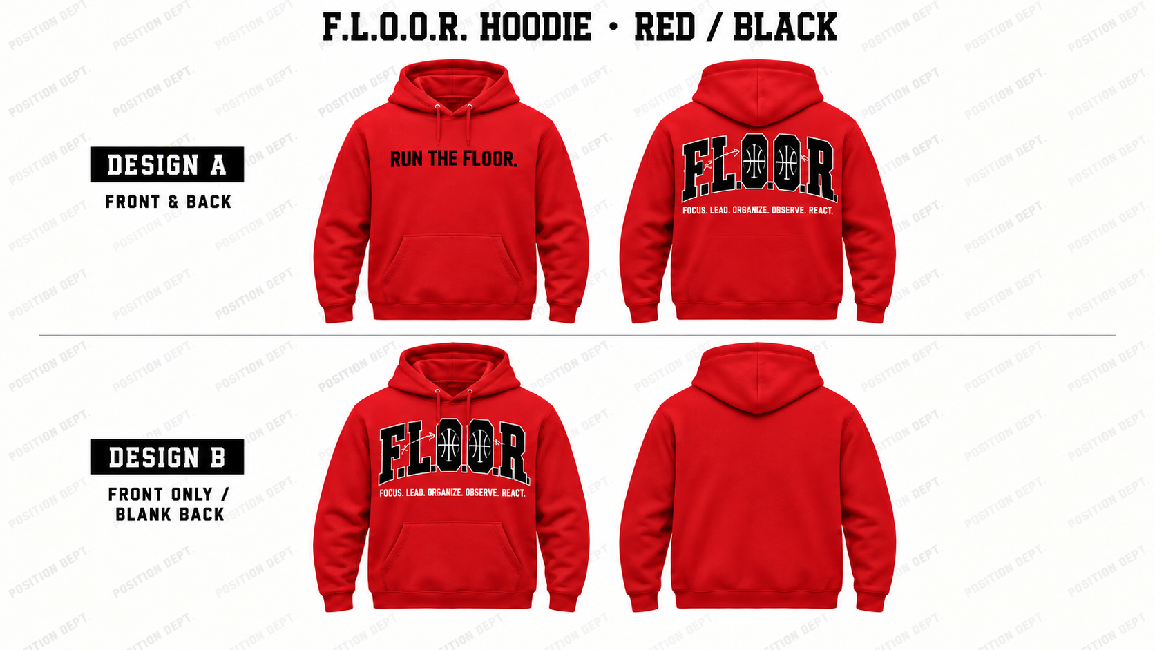 Position Dept. F.L.O.O.R. basketball hoodie in Red / Black, showing Front & Back and Front Only designs with basketball court and net details.