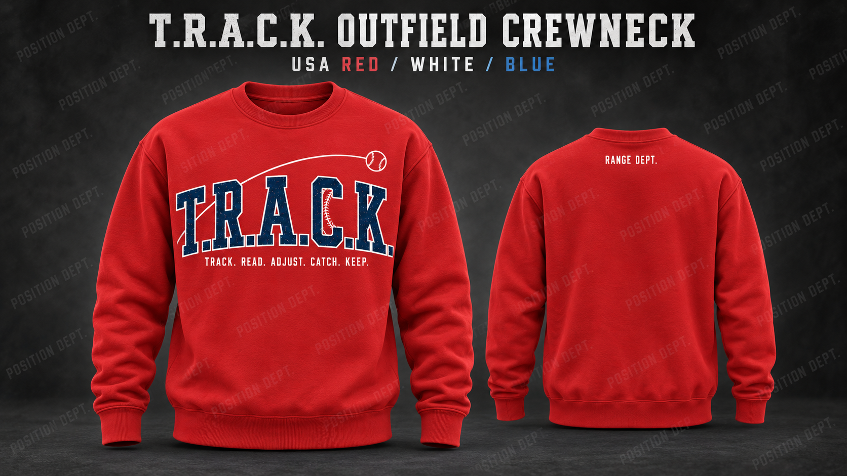 Position Dept. T.R.A.C.K. outfield crewneck in USA Red / White / Blue, front and back views, baseball and softball leisure wear.