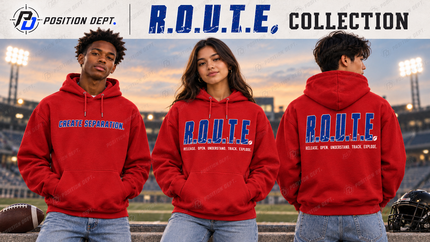 Position Dept R.O.U.T.E. wide receiver leisure hoodies in red, navy and white, showing Create Separation front, R.O.U.T.E. front design and back view.