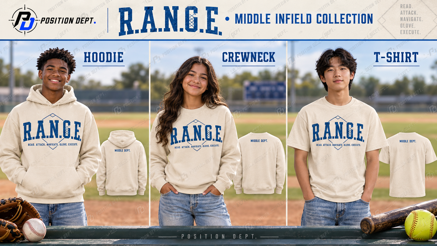 R.A.N.G.E. middle infield baseball and softball collection with teen models wearing cream and Carolina blue hoodies, crewnecks and T-shirts, front and back views.