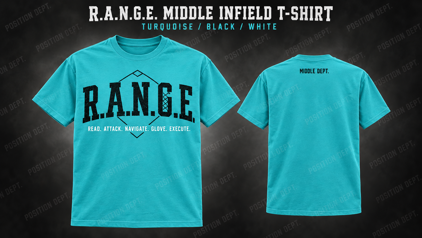 Position Dept. R.A.N.G.E. middle infield T-shirt in Turquoise / Black / White, front and back views, baseball and softball leisure wear.