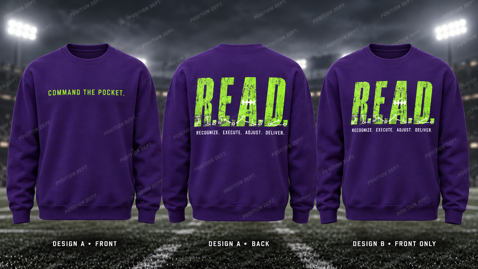Position Dept. R.E.A.D. football crewneck in Purple / Lime Green. Design A slogan front and graphic back; Design B graphic front only with blank back.