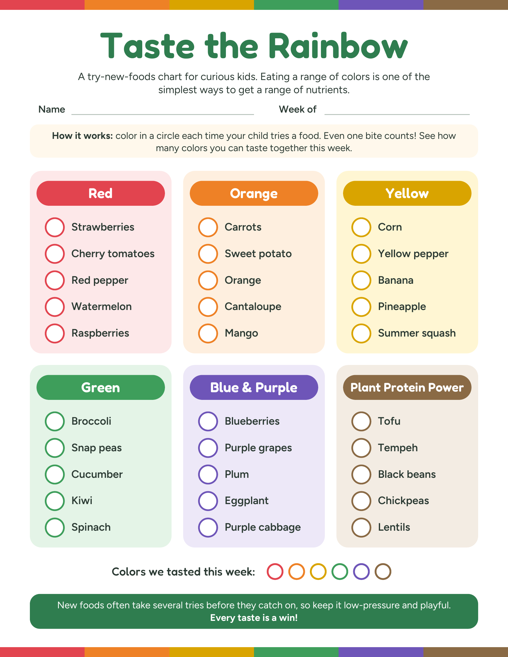 Taste the Rainbow try-new-foods chart for kids